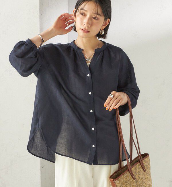 SHIPS for women「《予約》〈手洗い可能〉IMPERIAL LINEN 混 バンドカラー スキッパー シャツ」|シャツ・ブラウス|ネイビー