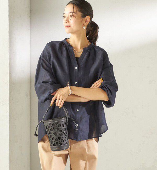 SHIPS for women「《予約》〈手洗い可能〉IMPERIAL LINEN 混 バンドカラー スキッパー シャツ」|シャツ・ブラウス|