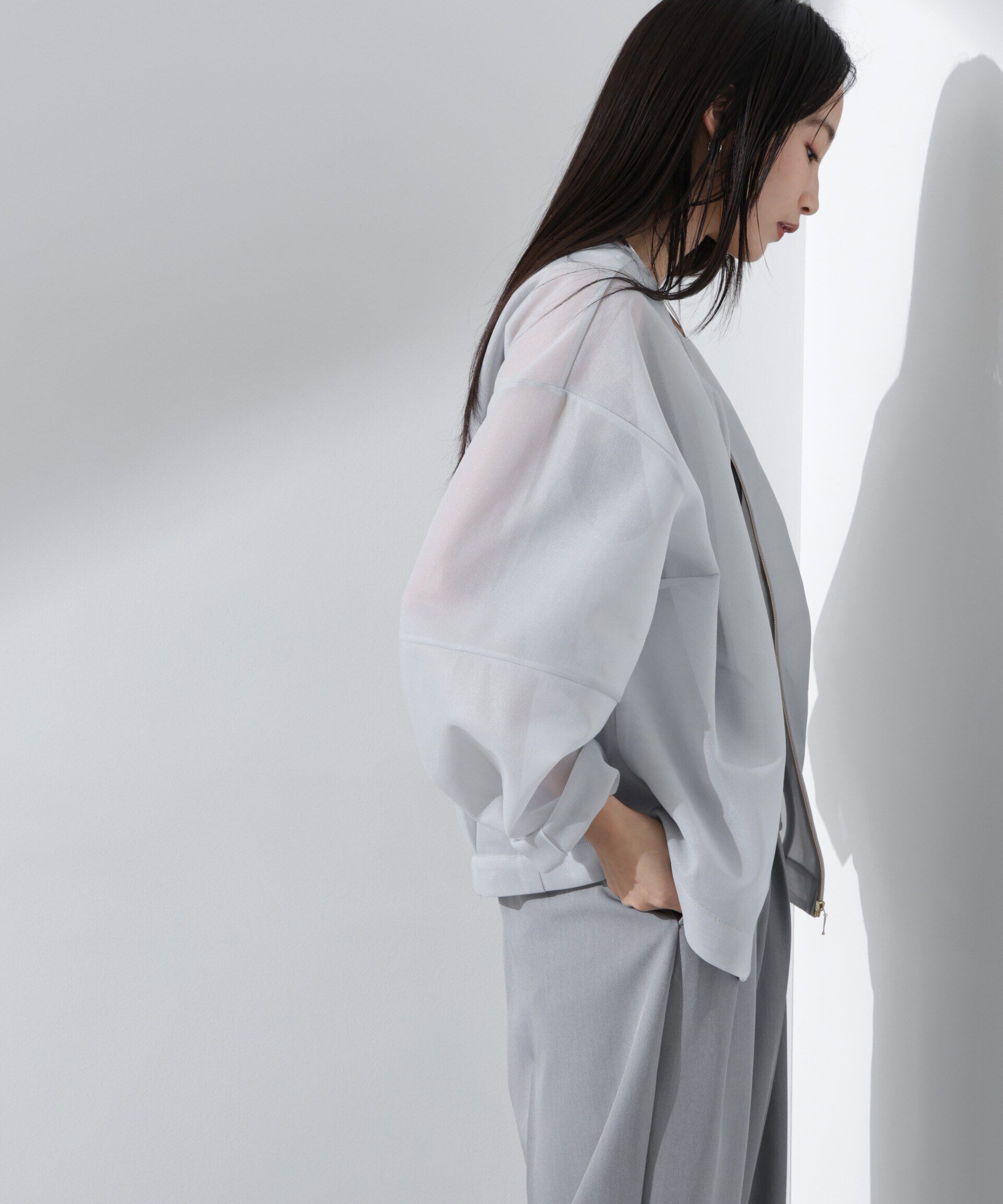 nano･universe「シアーダンボールカットノーカラーZIPupジャケット」|テーラードジャケット|