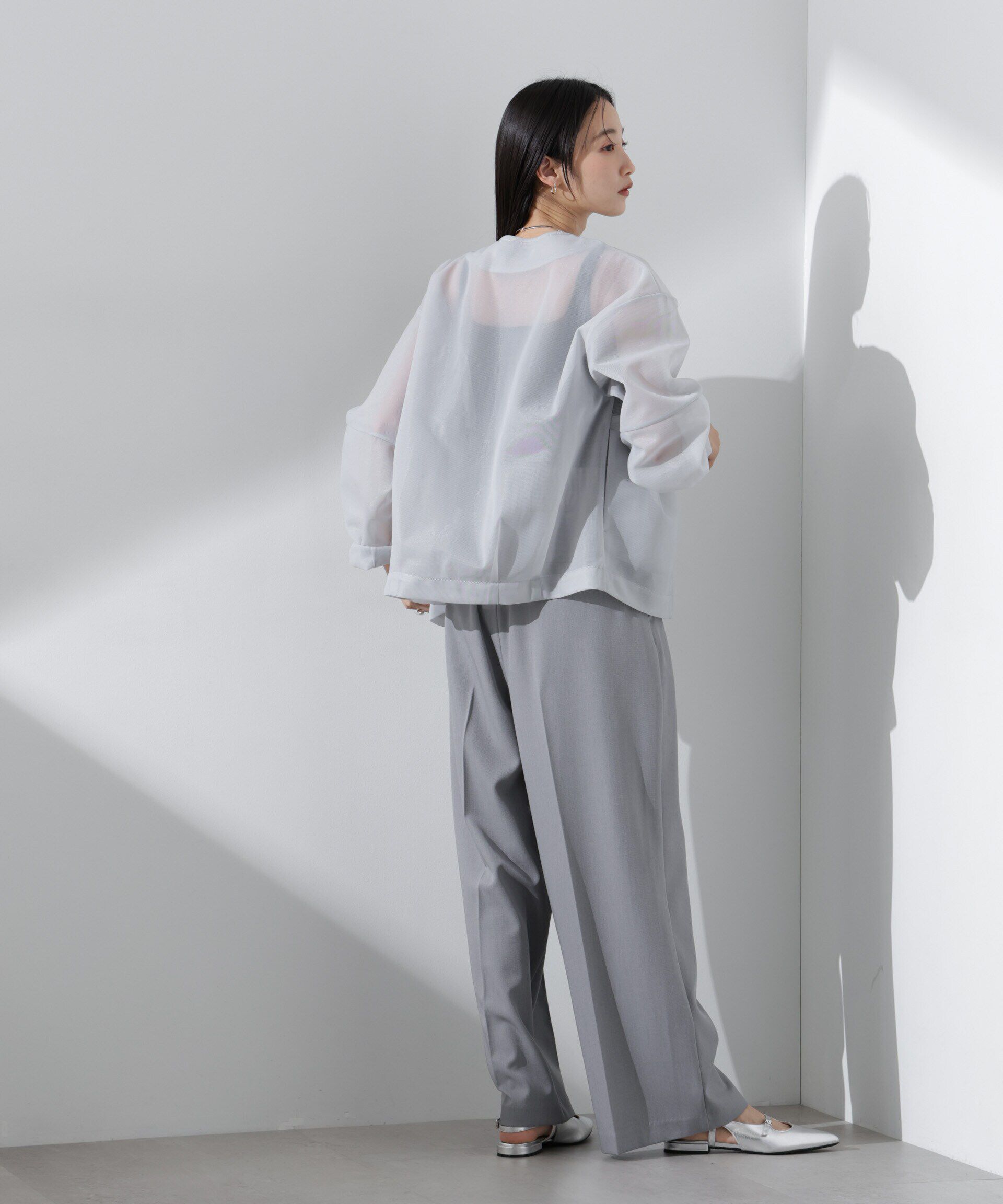 nano･universe「シアーダンボールカットノーカラーZIPupジャケット」|テーラードジャケット|