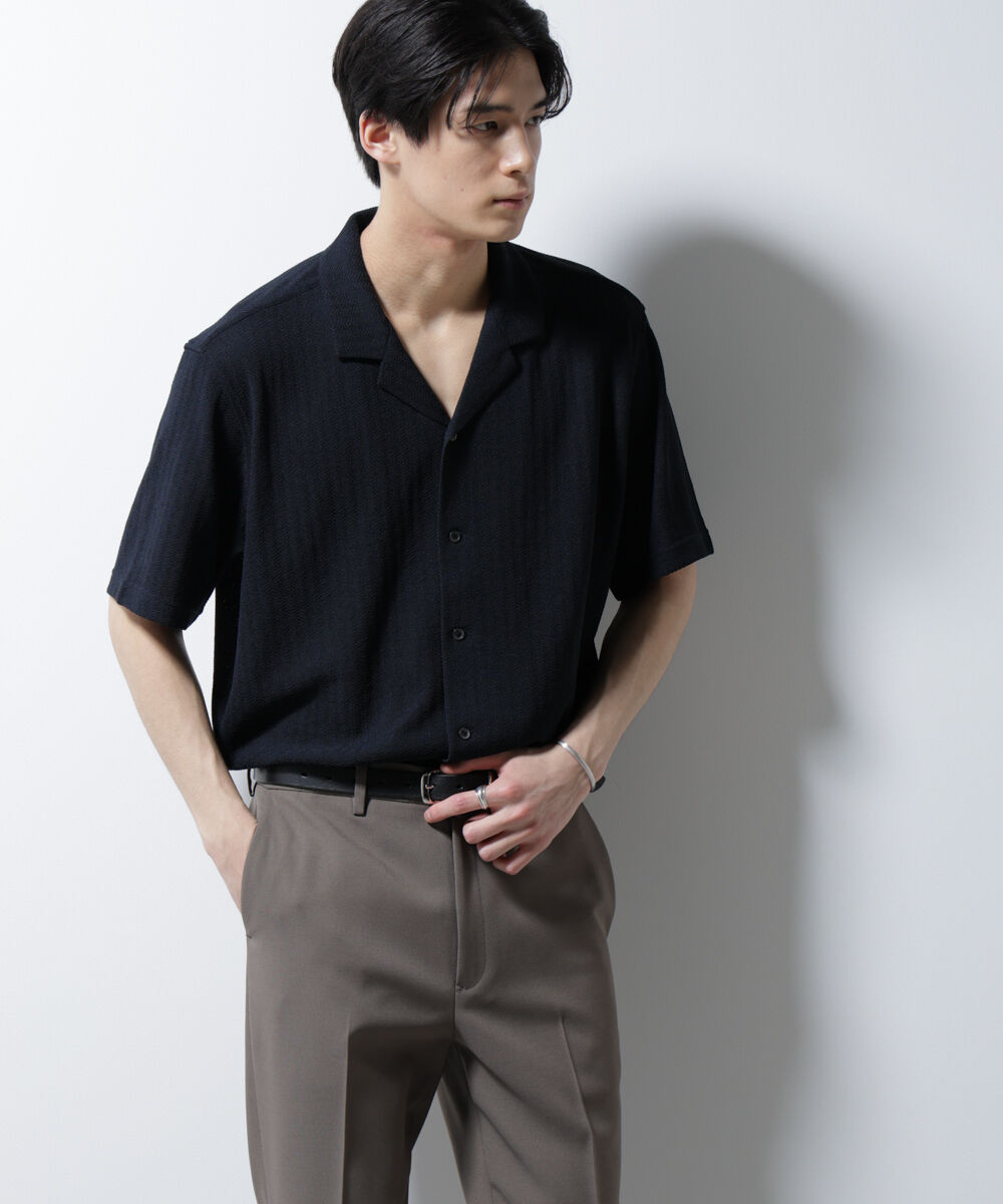 nano･universe「「Damerino」 ヘリンボン オープンカラーシャツ 半袖」|Tシャツ・カットソー|ネイビー