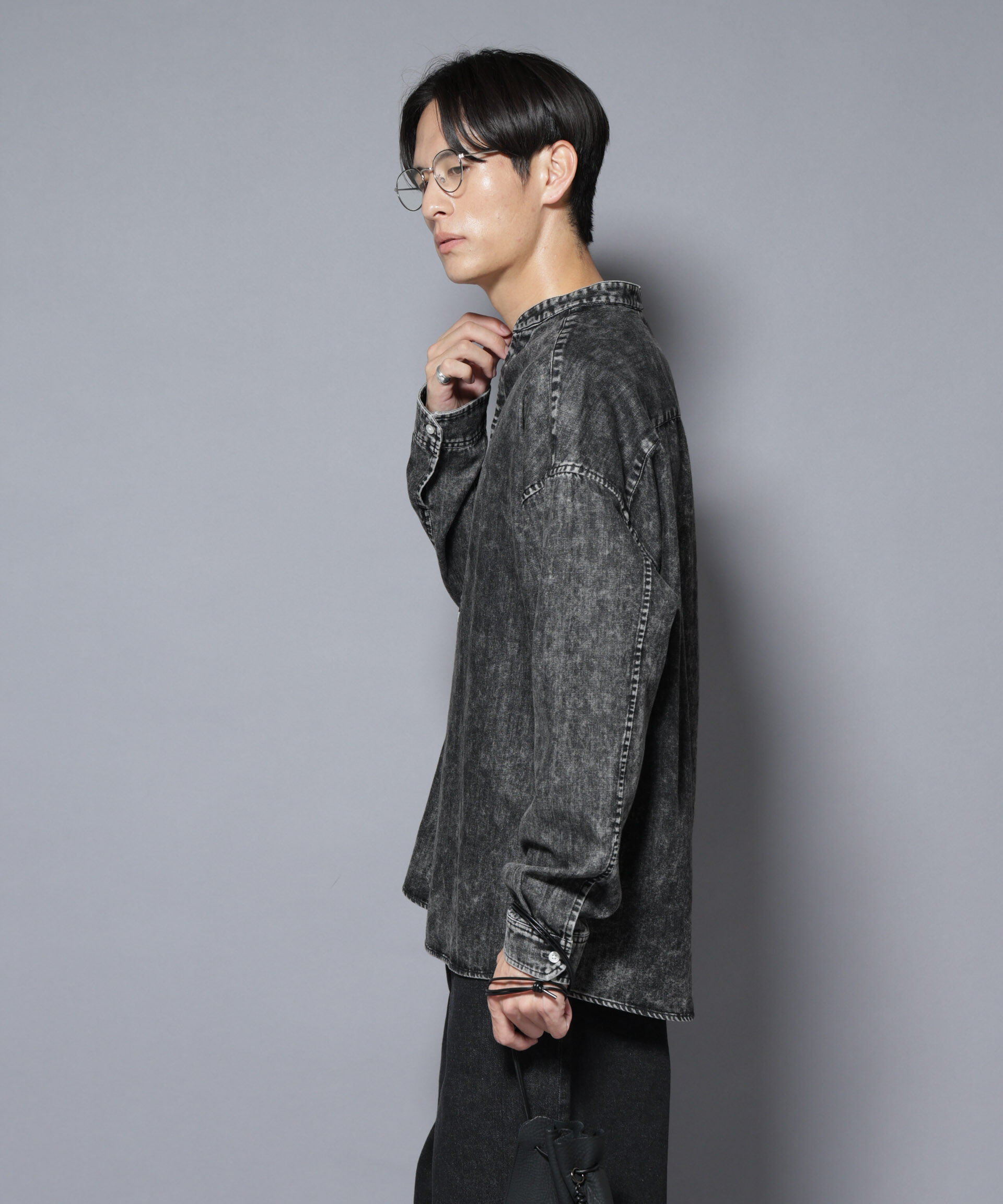 nano･universe「「大人のワイドシャツ」バンドカラーデニム 長袖」|シャツ・ブラウス|