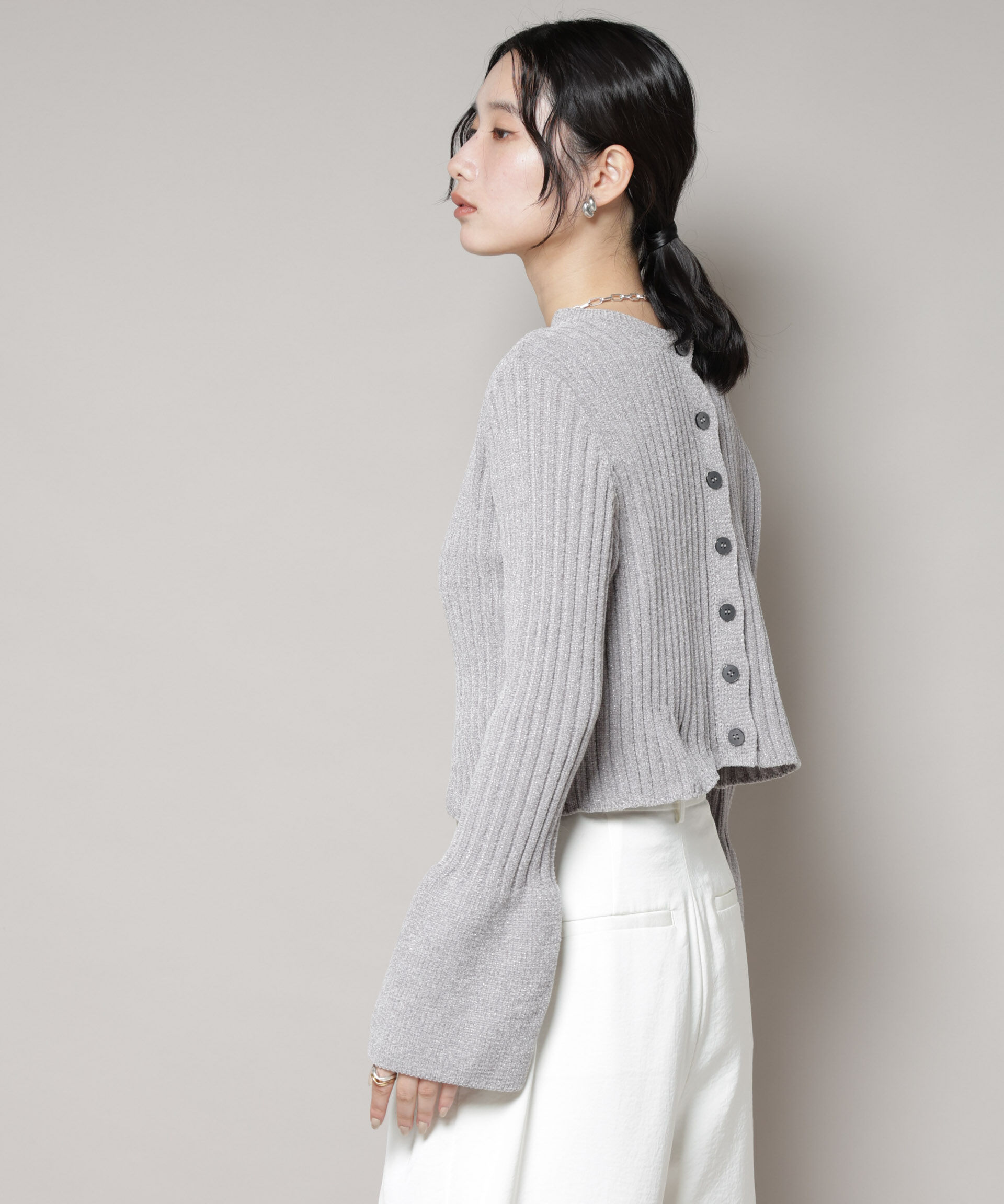 nano･universe「ラメモールワイドリブ前後2WAYフレアスリーブニット(セットアップ可)」|ニット・セーター|