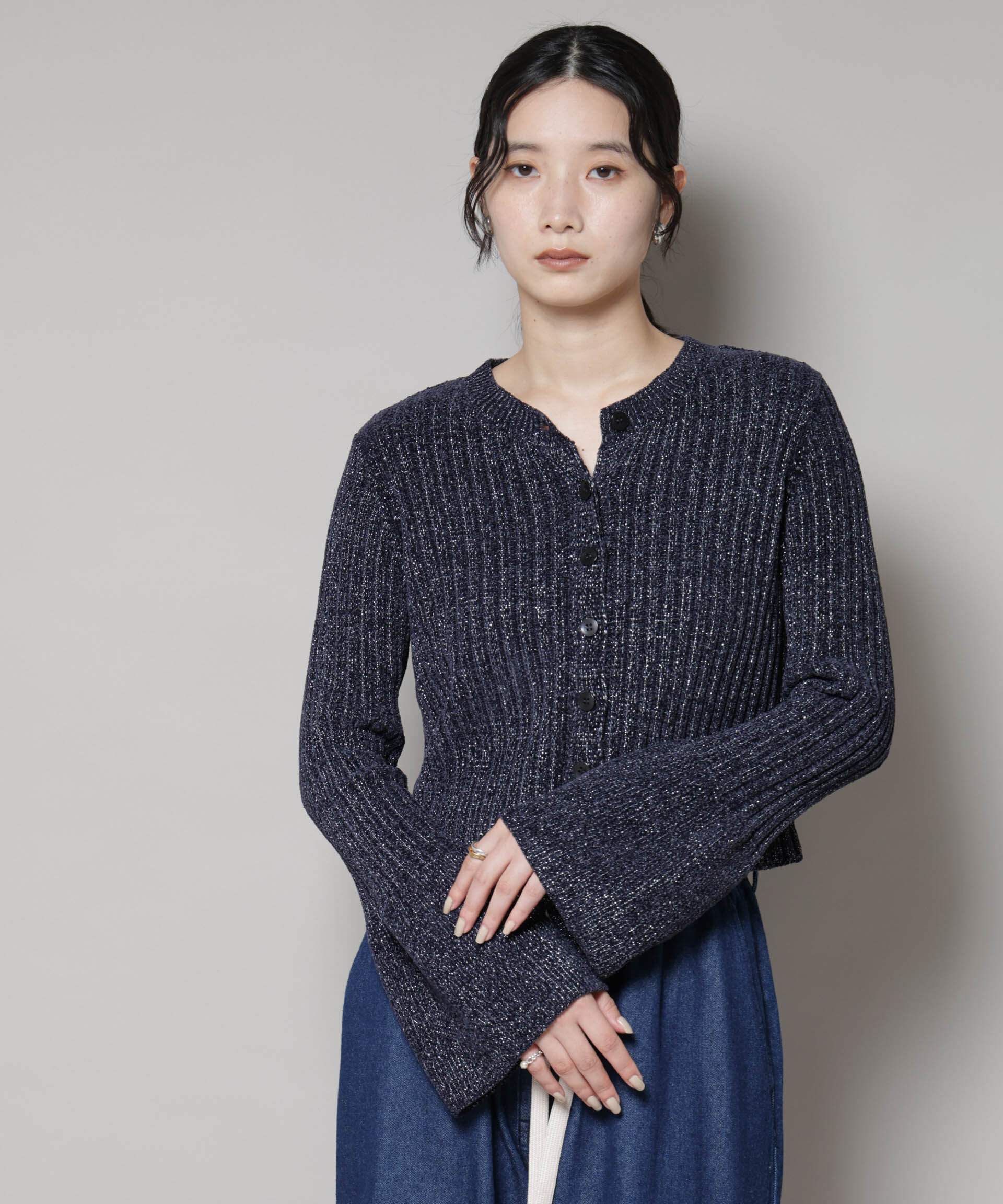 nano･universe「ラメモールワイドリブ前後2WAYフレアスリーブニット(セットアップ可)」|ニット・セーター|