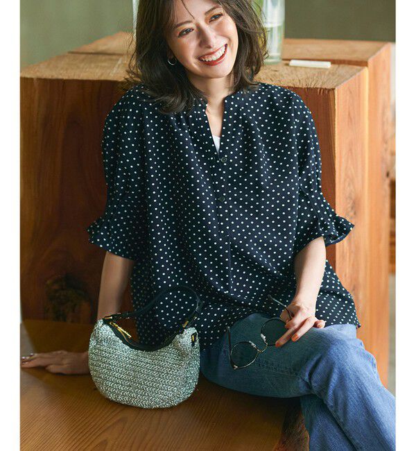 23区「【WEB&一部店舗限定/洗える】ドットプリント サッカー ブラウス」|シャツ・ブラウス|ネイビー系