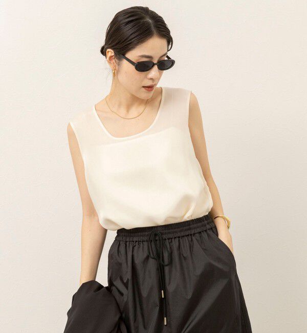 MAQWEL「《セットアップ対応》【MAQWEL/マクウェル】ウォッシャブルサテンノースリーブ」|シャツ・ブラウス|オフホワイト