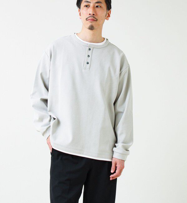 GLOSTER「【1枚で完成する】杢ダンボール ヘンリーネックフェイクレイヤー ロンT」|Tシャツ・カットソー|ライトグレー