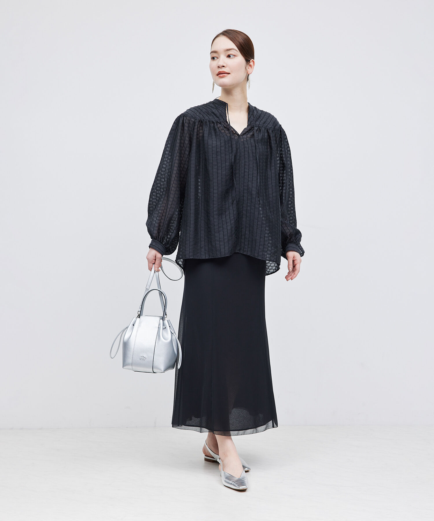 ROPE「ジャカードスタンドギャザーブラウス」|シャツ・ブラウス|