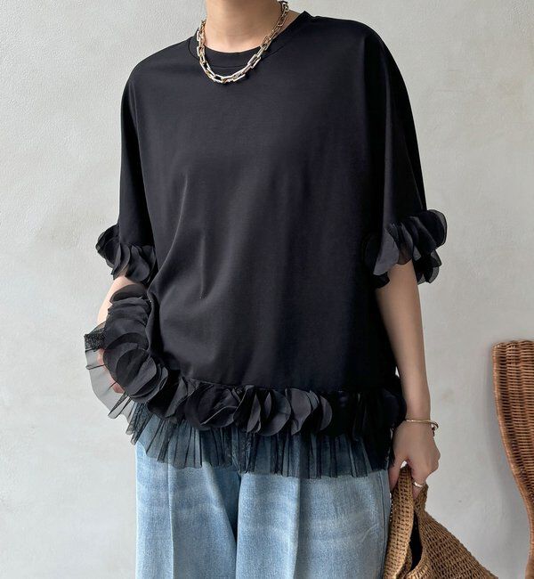 「【WEB限定】異素材フリルトップス」|Tシャツ・カットソー|ブラック