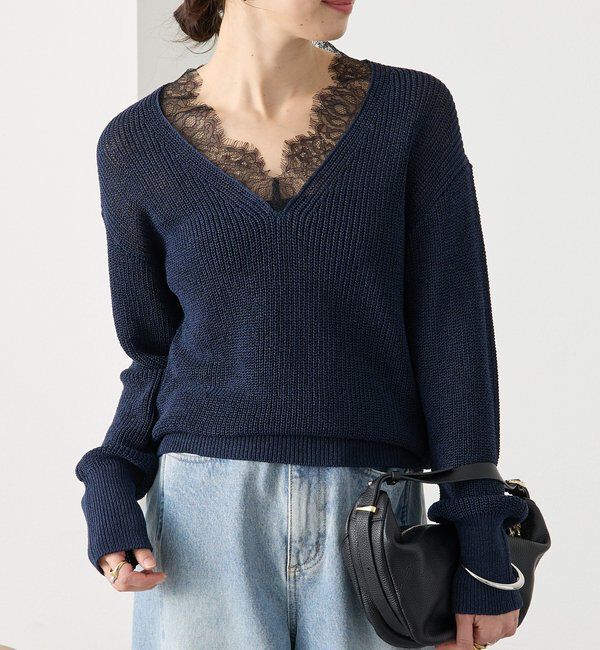  「予約【トレンド感抜群】ペーパーヤーンレース衿ニット」|ニット・セーター|