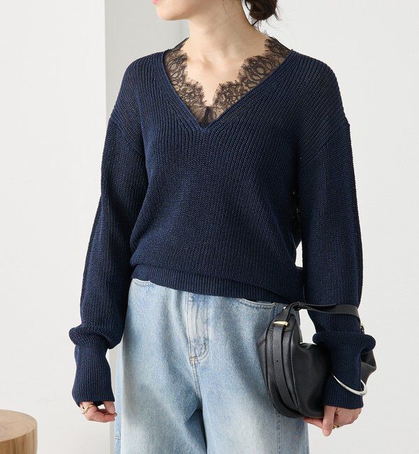  「予約【トレンド感抜群】ペーパーヤーンレース衿ニット」|ニット・セーター|