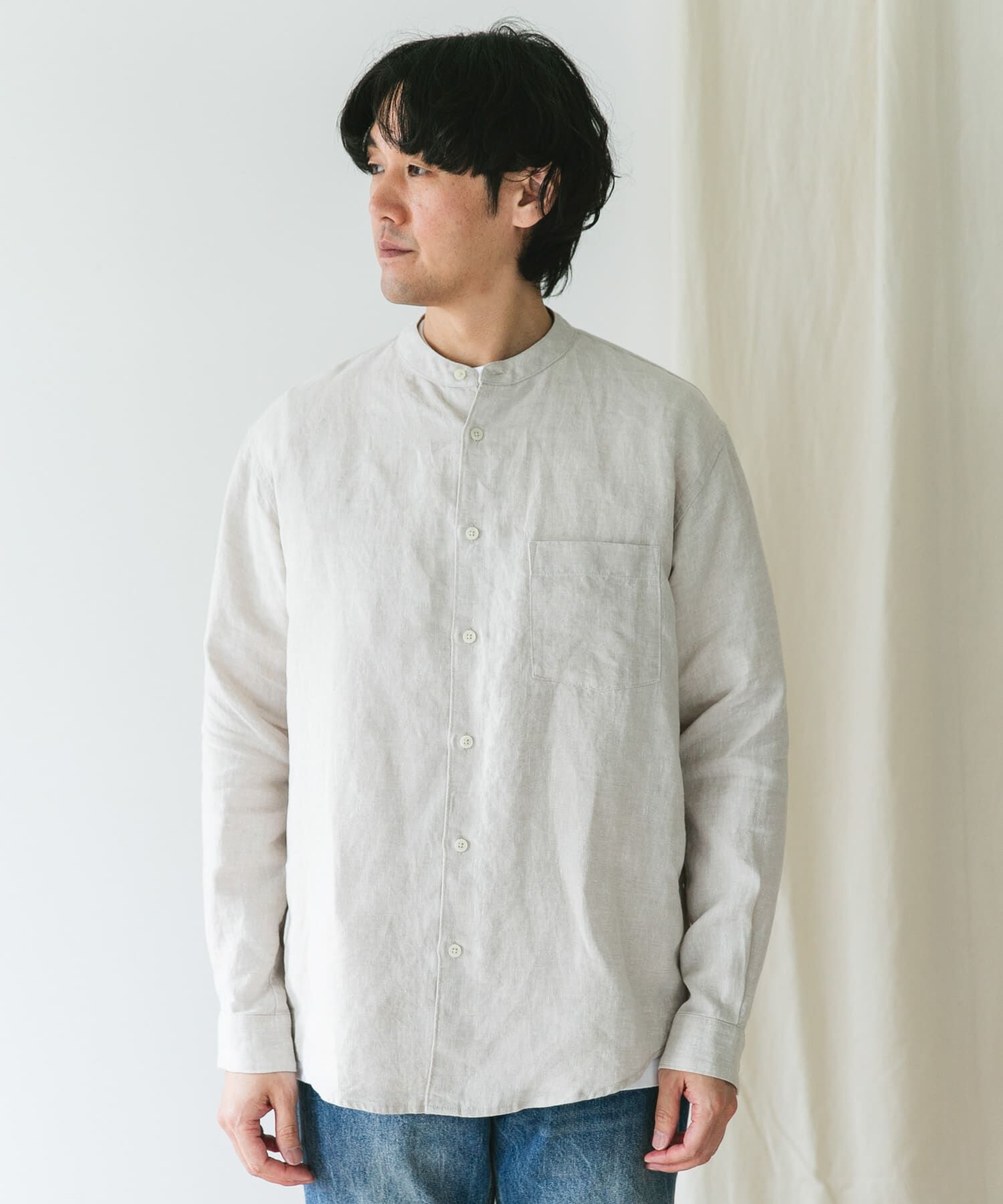 URBAN RESEARCH DOORS「『XLサイズ/WEB限定』シルケットリネンバンドカラーロングスリーブシャツ」|シャツ・ブラウス|