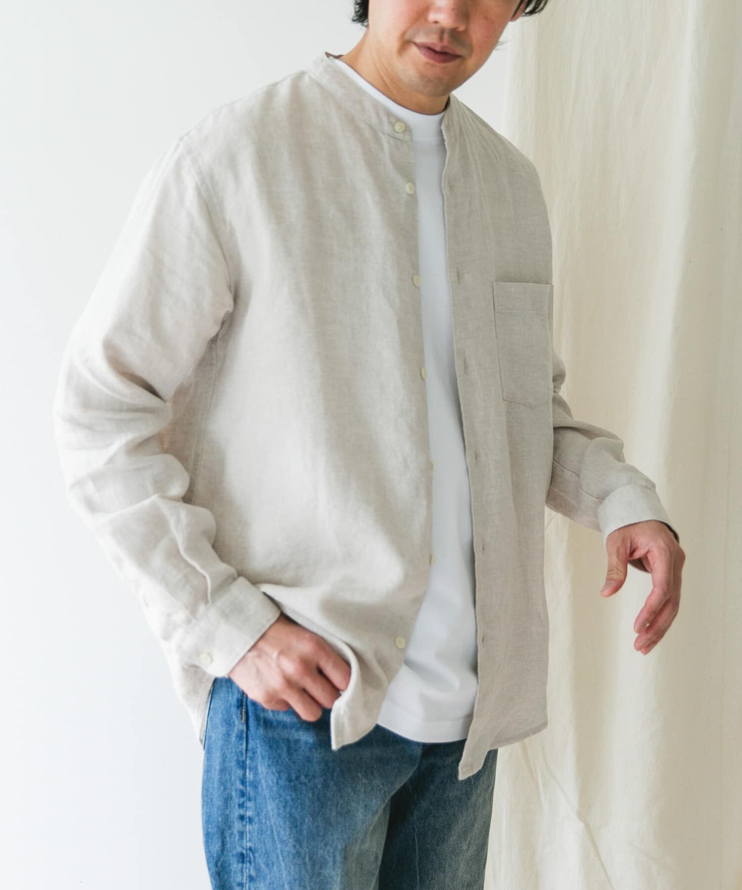 URBAN RESEARCH DOORS「『XLサイズ/WEB限定』シルケットリネンバンドカラーロングスリーブシャツ」|シャツ・ブラウス|