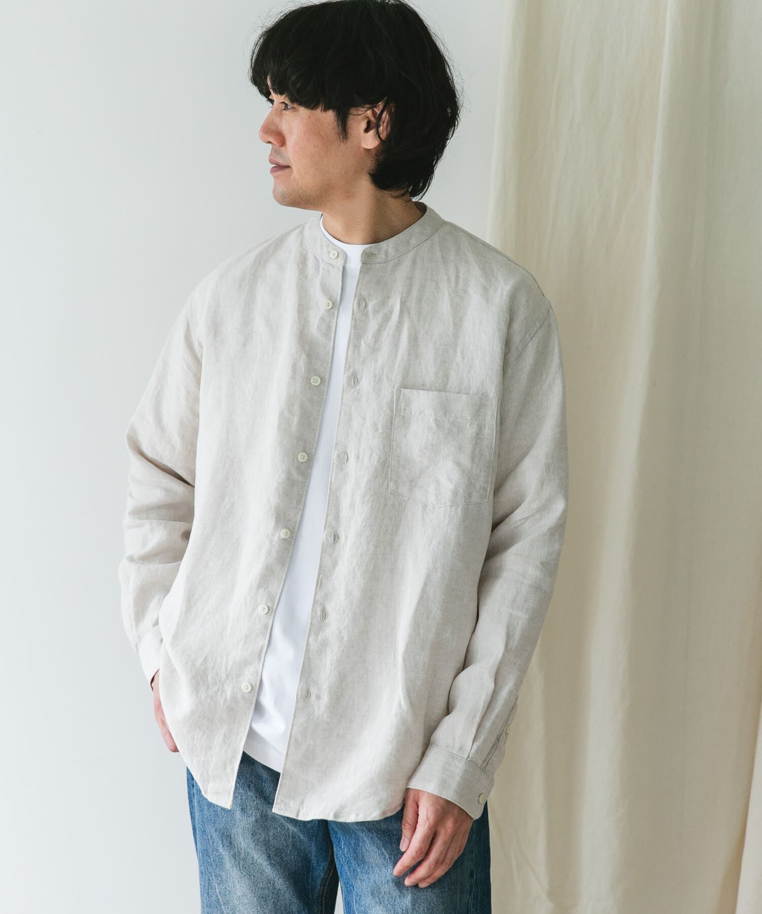 URBAN RESEARCH DOORS「『XLサイズ/WEB限定』シルケットリネンバンドカラーロングスリーブシャツ」|シャツ・ブラウス|