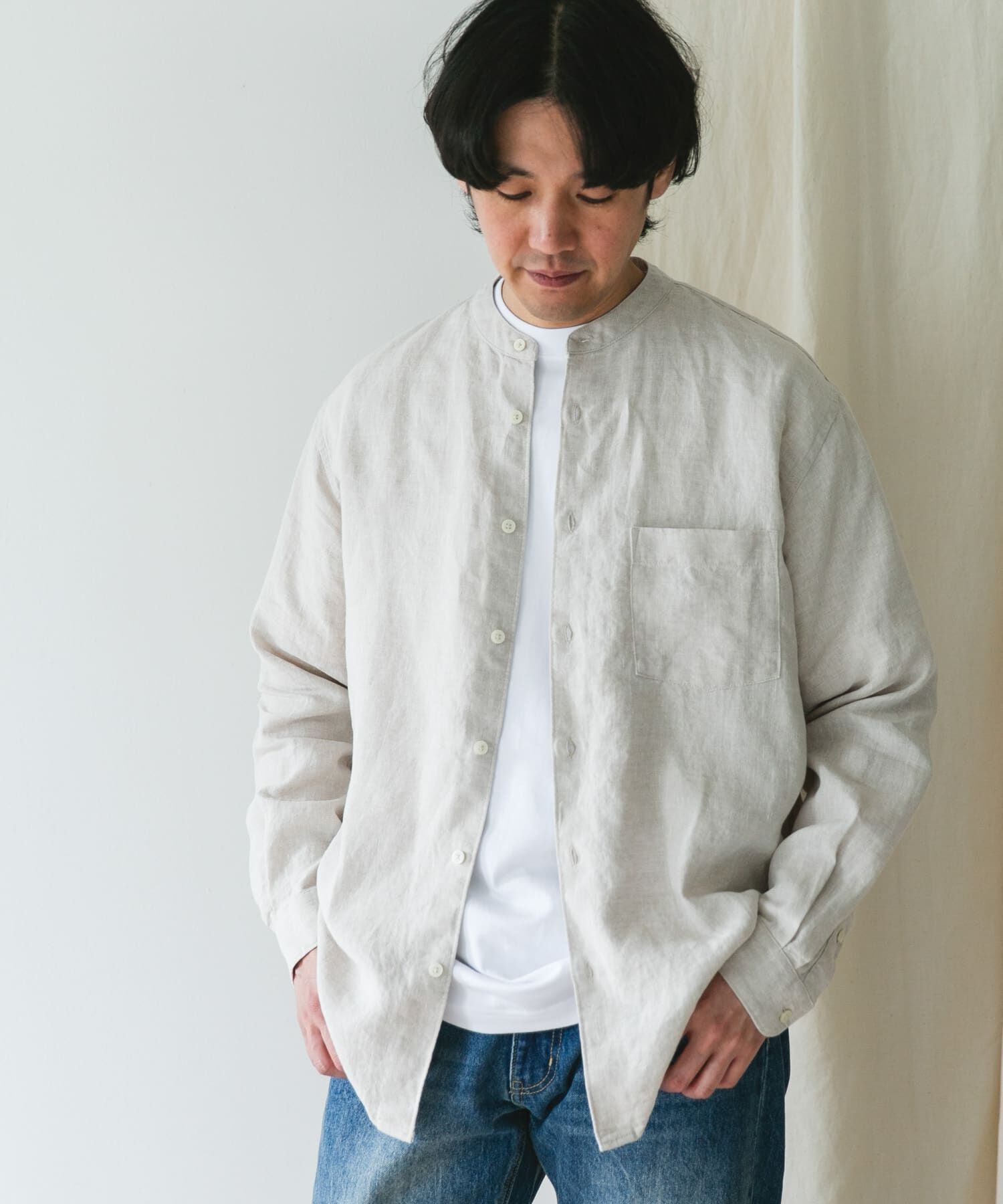 URBAN RESEARCH DOORS「『XLサイズ/WEB限定』シルケットリネンバンドカラーロングスリーブシャツ」|シャツ・ブラウス|