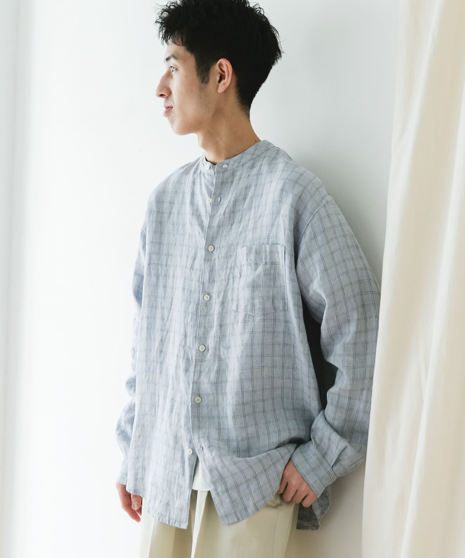 URBAN RESEARCH DOORS「『XLサイズ/WEB限定』シルケットリネンバンドカラーロングスリーブシャツ」|シャツ・ブラウス|