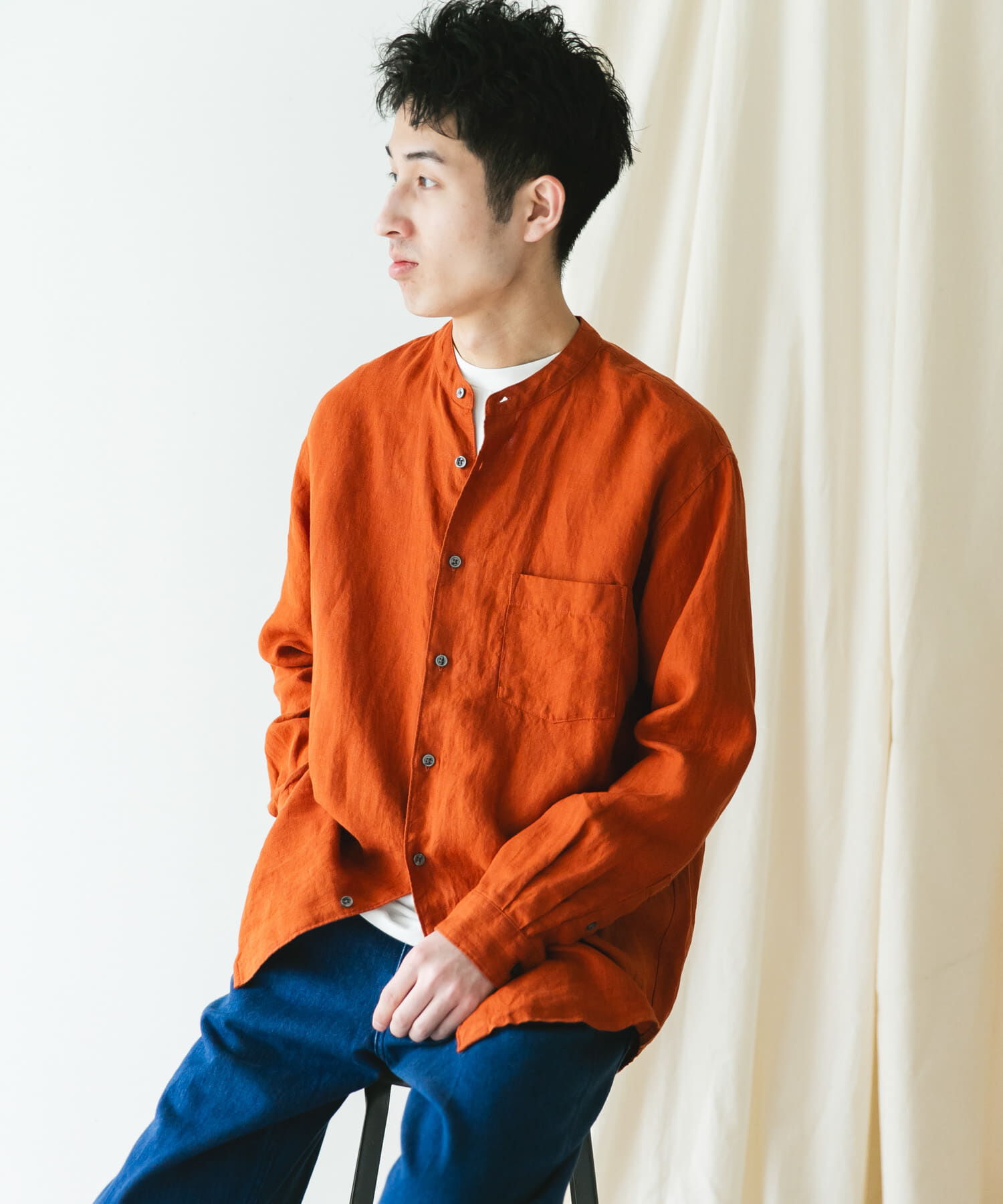 URBAN RESEARCH DOORS「『XLサイズ/WEB限定』シルケットリネンバンドカラーロングスリーブシャツ」|シャツ・ブラウス|