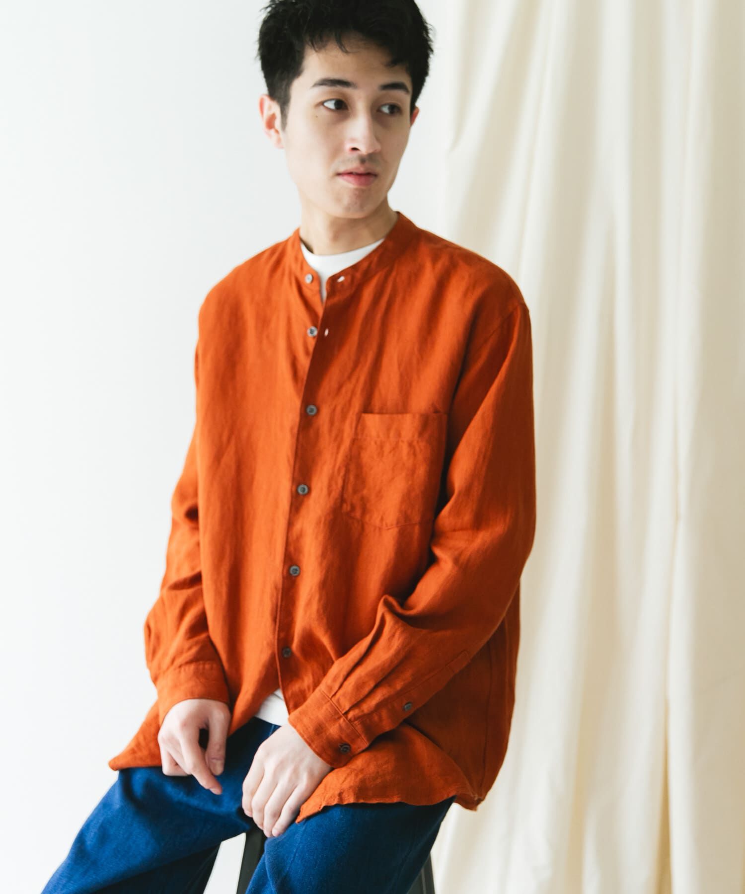 URBAN RESEARCH DOORS「『XLサイズ/WEB限定』シルケットリネンバンドカラーロングスリーブシャツ」|シャツ・ブラウス|