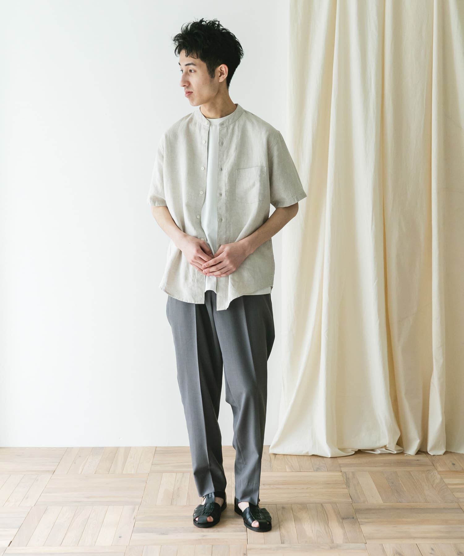 URBAN RESEARCH DOORS「『XLｻｲｽﾞ/WEB限定』ｼﾙｹｯﾄﾘﾈﾝ ﾊﾞﾝﾄﾞｶﾗｰｼｮｰﾄｽﾘｰ」|シャツ・ブラウス|