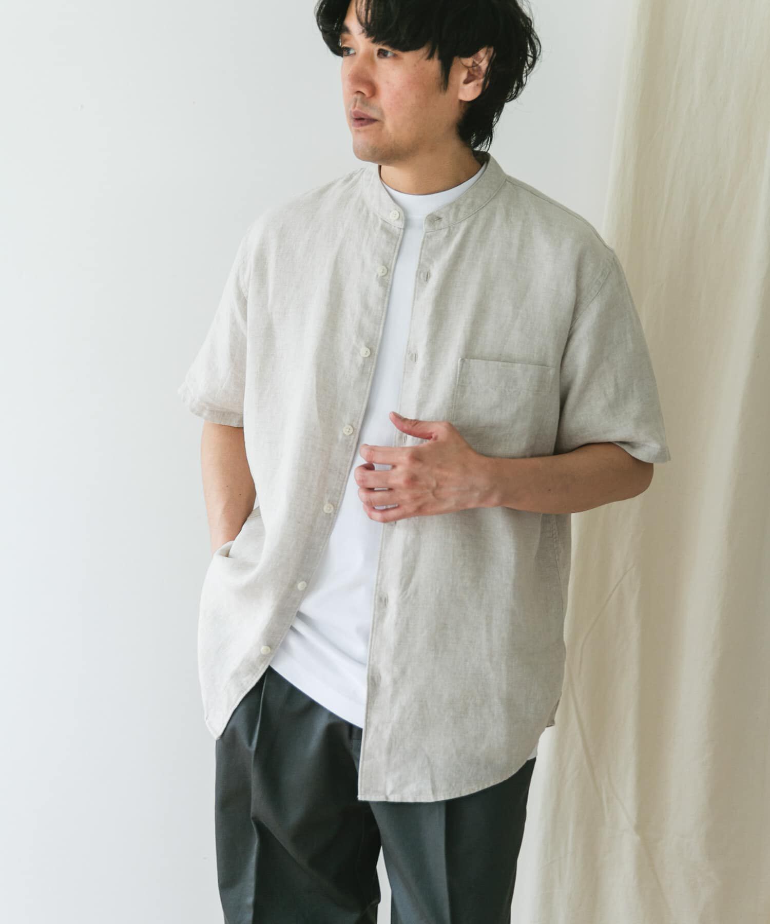 URBAN RESEARCH DOORS「『XLｻｲｽﾞ/WEB限定』ｼﾙｹｯﾄﾘﾈﾝ ﾊﾞﾝﾄﾞｶﾗｰｼｮｰﾄｽﾘｰ」|シャツ・ブラウス|