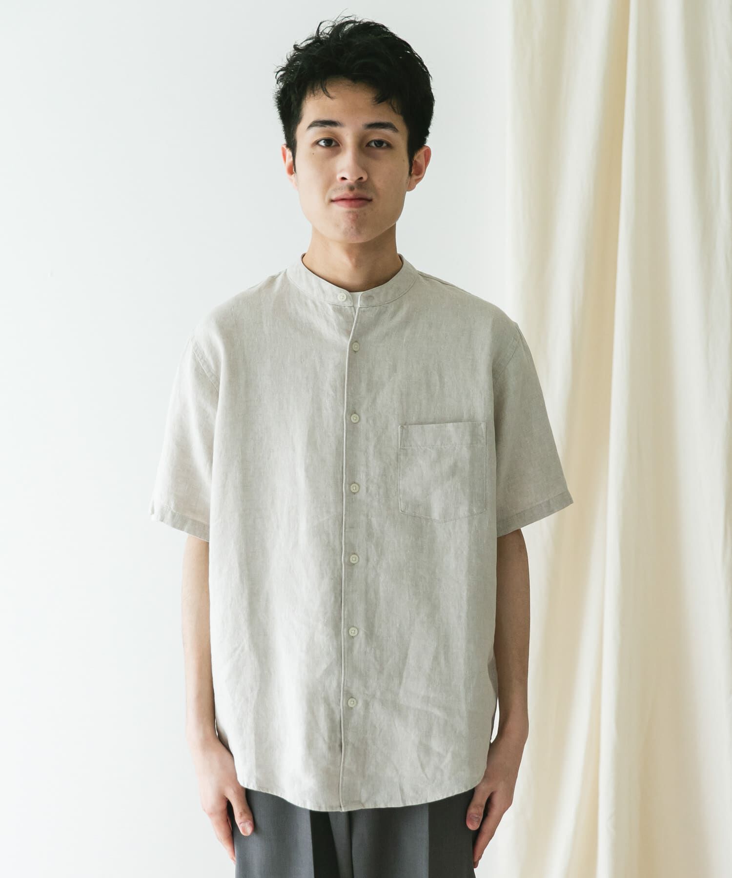 URBAN RESEARCH DOORS「『XLｻｲｽﾞ/WEB限定』ｼﾙｹｯﾄﾘﾈﾝ ﾊﾞﾝﾄﾞｶﾗｰｼｮｰﾄｽﾘｰ」|シャツ・ブラウス|