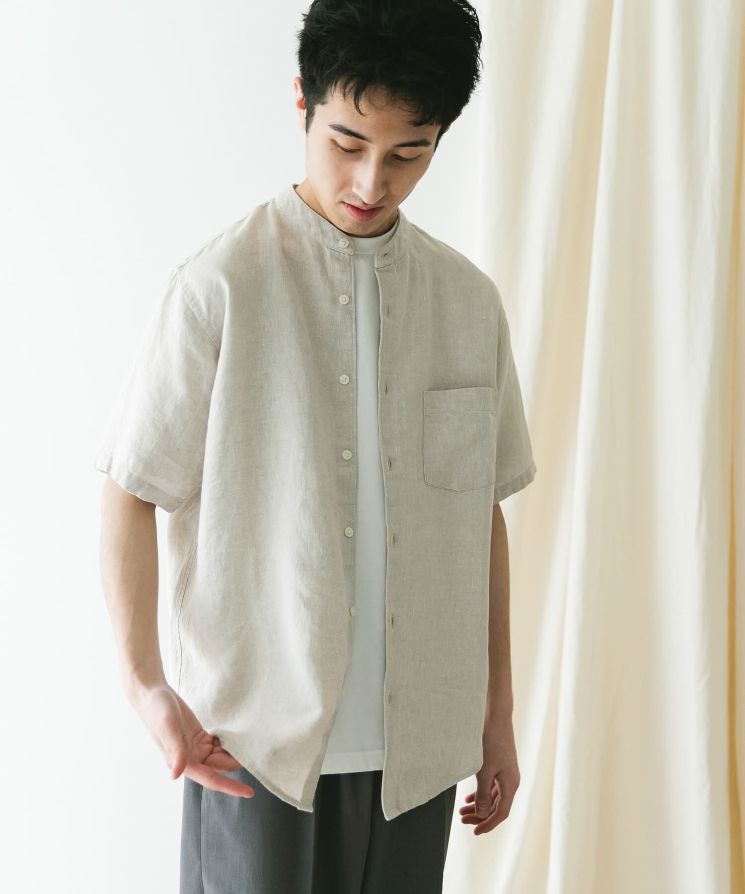 URBAN RESEARCH DOORS「『XLｻｲｽﾞ/WEB限定』ｼﾙｹｯﾄﾘﾈﾝ ﾊﾞﾝﾄﾞｶﾗｰｼｮｰﾄｽﾘｰ」|シャツ・ブラウス|