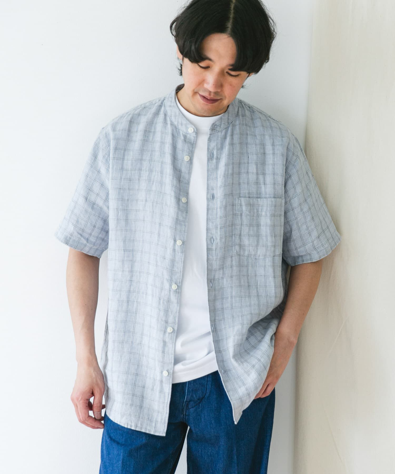 URBAN RESEARCH DOORS「『XLｻｲｽﾞ/WEB限定』ｼﾙｹｯﾄﾘﾈﾝ ﾊﾞﾝﾄﾞｶﾗｰｼｮｰﾄｽﾘｰ」|シャツ・ブラウス|