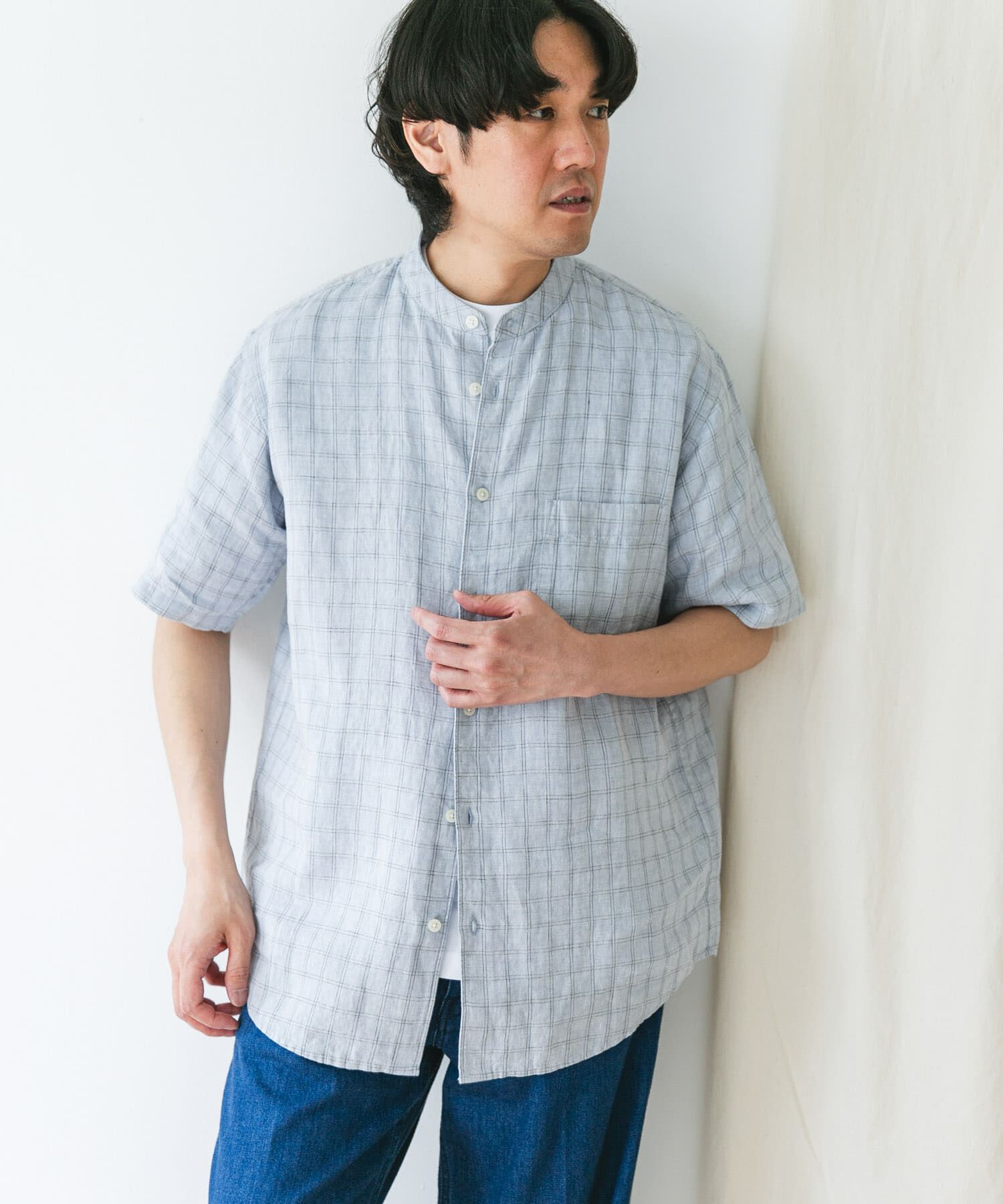 URBAN RESEARCH DOORS「『XLｻｲｽﾞ/WEB限定』ｼﾙｹｯﾄﾘﾈﾝ ﾊﾞﾝﾄﾞｶﾗｰｼｮｰﾄｽﾘｰ」|シャツ・ブラウス|