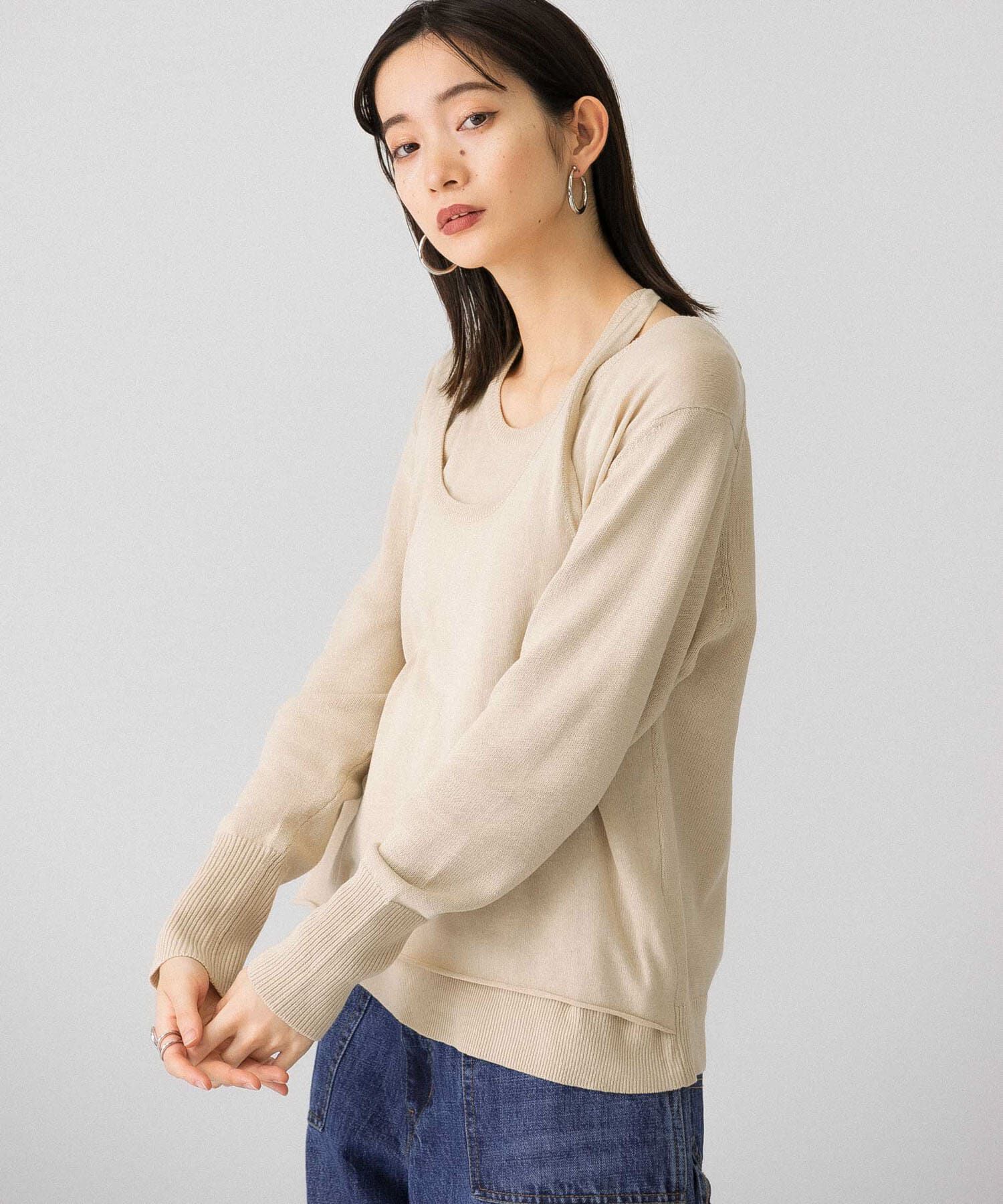  「ホルターネックレイヤードニット」|ニット・セーター|ベージュ