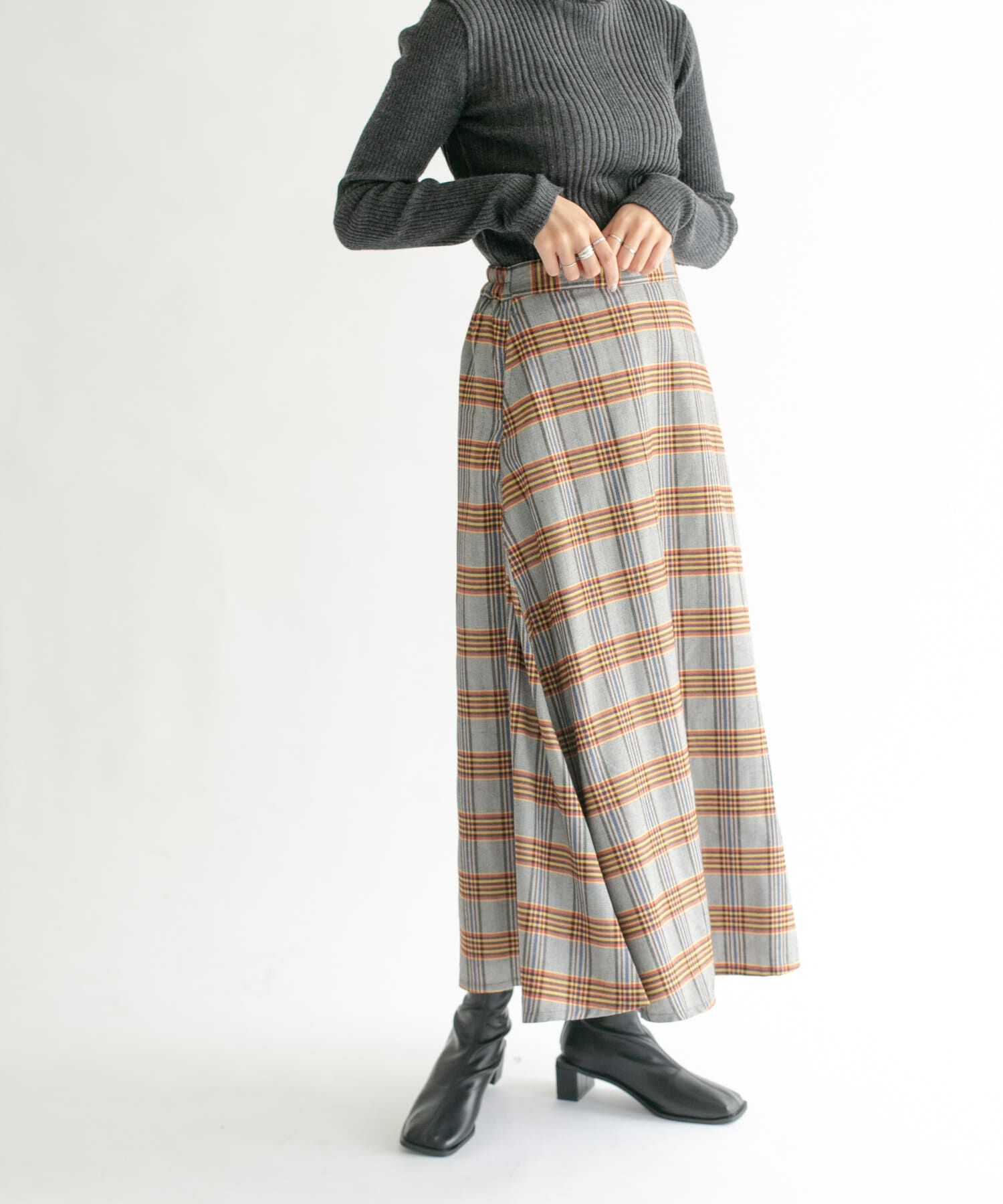  「チェック柄フレアロングスカート」|スカート|