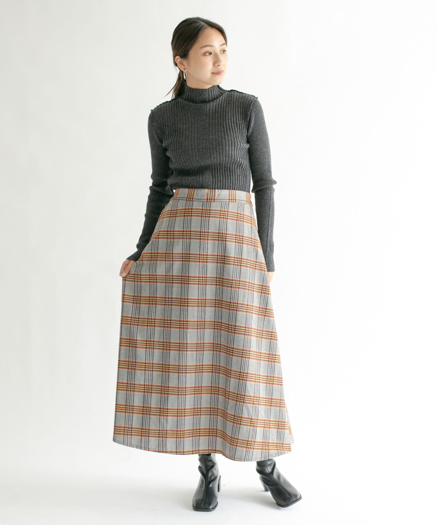  「チェック柄フレアロングスカート」|スカート|