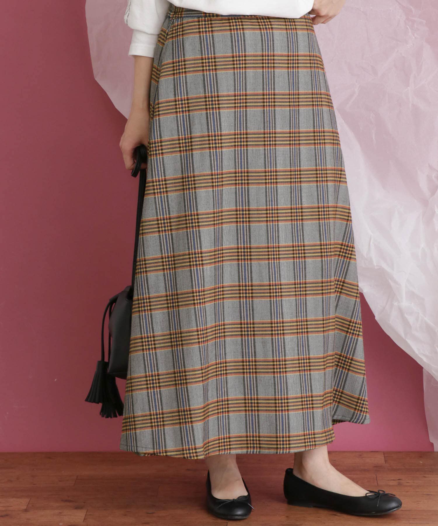  「チェック柄フレアロングスカート」|スカート|