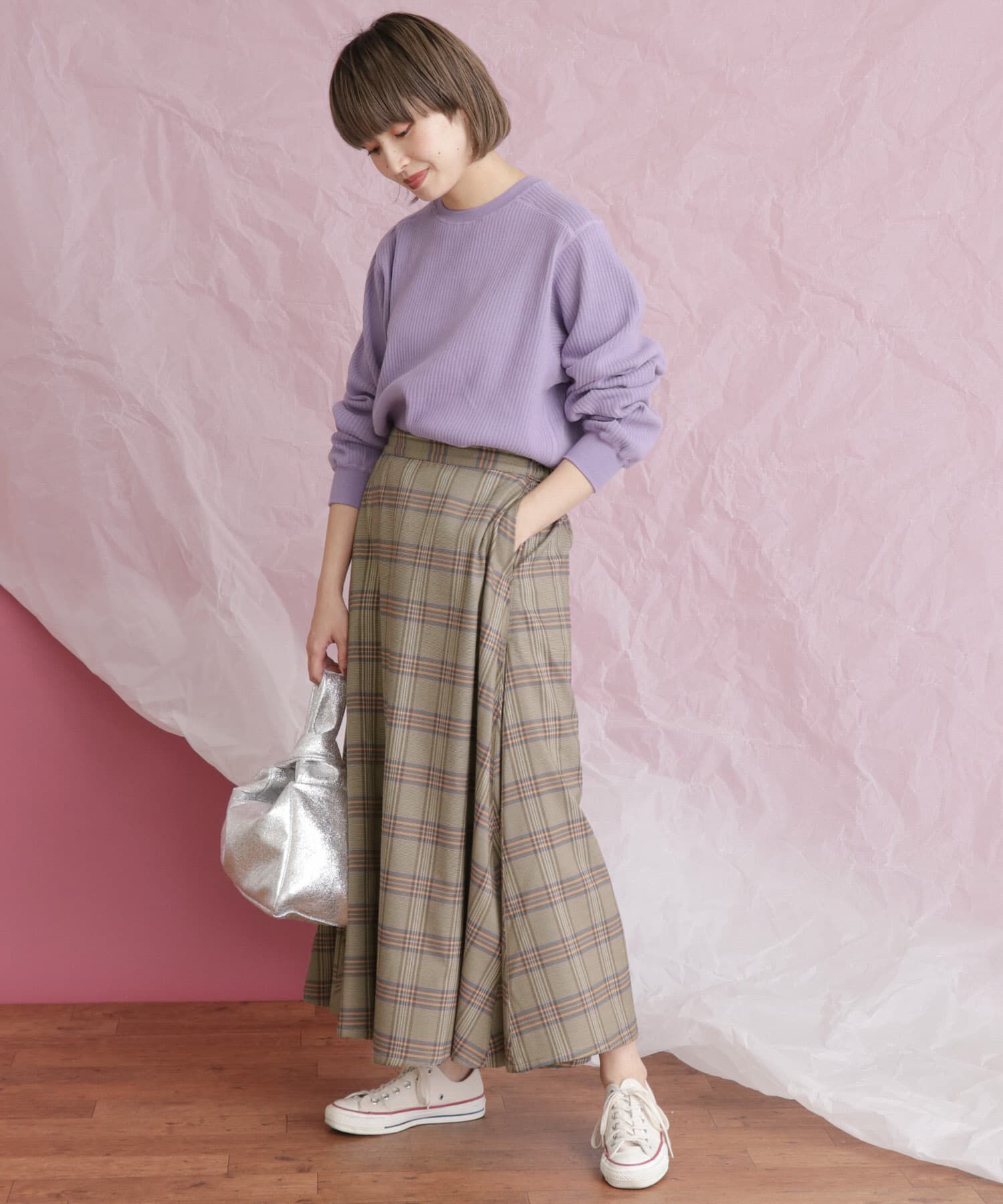  「チェック柄フレアロングスカート」|スカート|