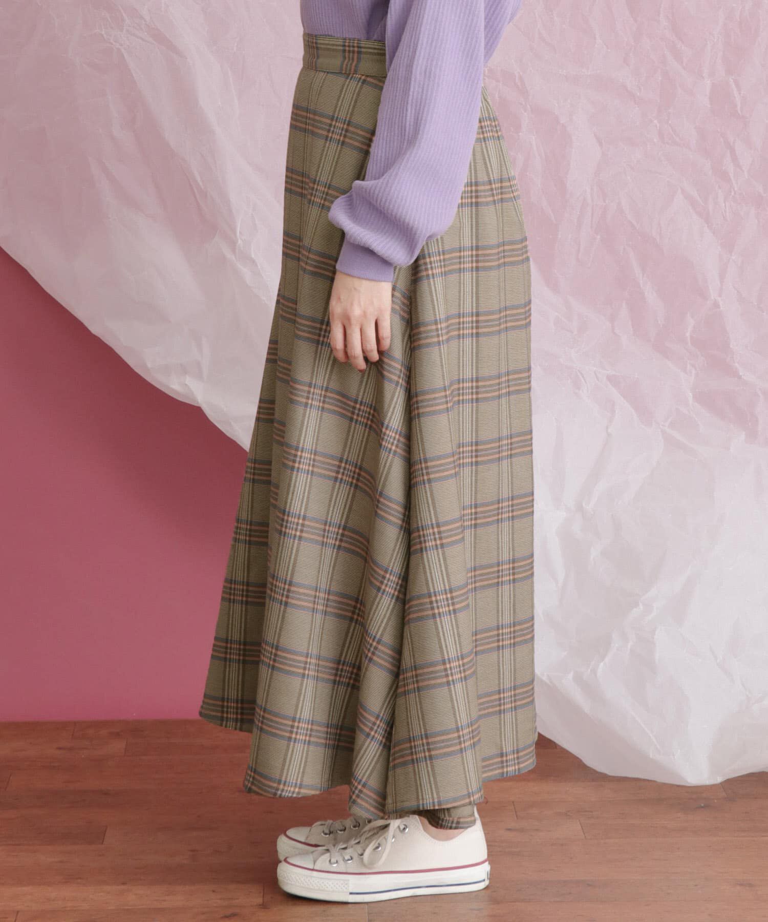  「チェック柄フレアロングスカート」|スカート|