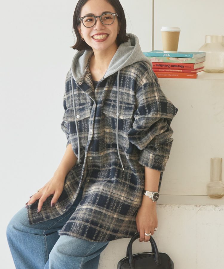 AMERICAN HOLIC「フード付きシャギーチェックシャツ」|シャツ・ブラウス|Navy