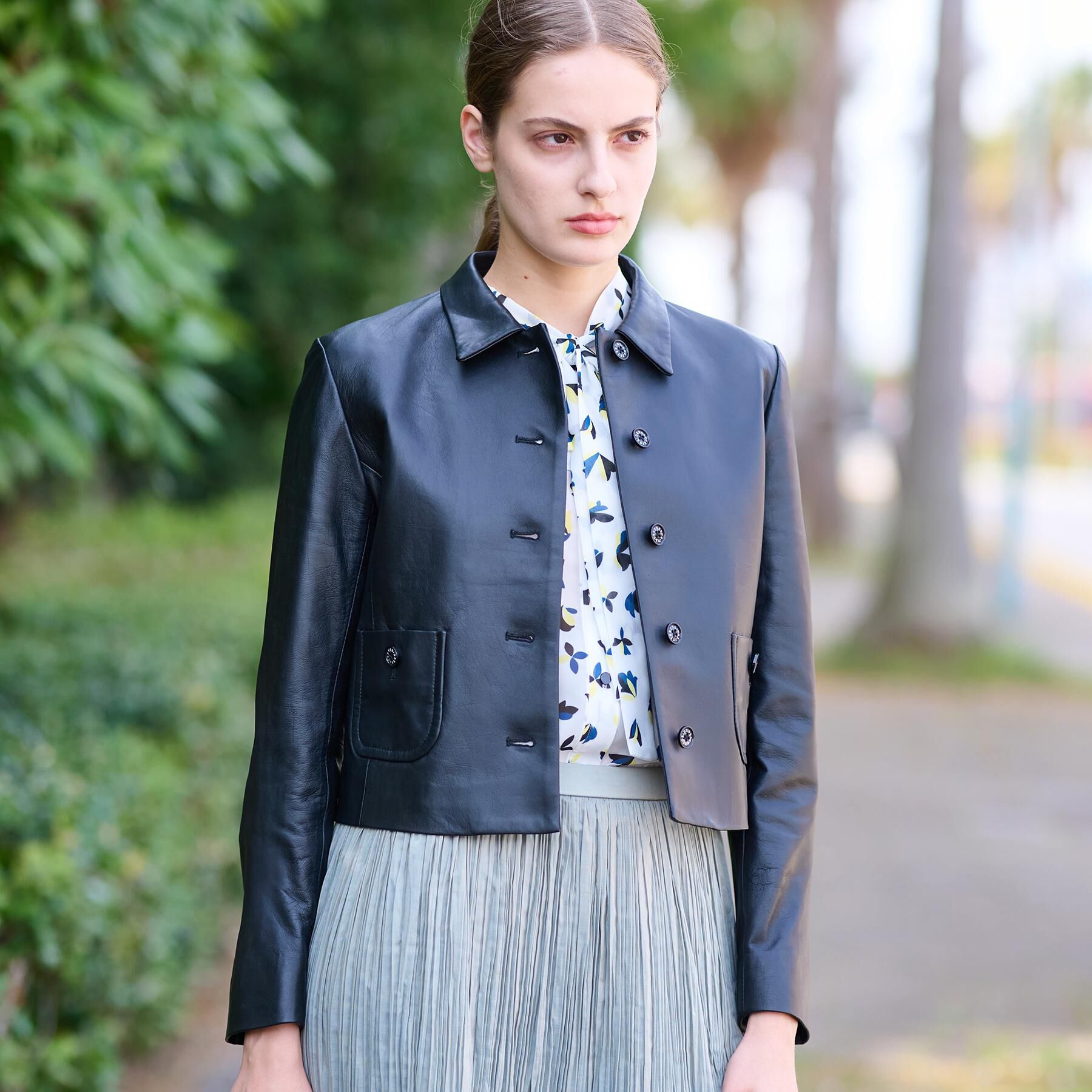 DRESSTERIOR「ラムレザーミニマルジャケット」|ブルゾン・スタジャン|ブラック(019)