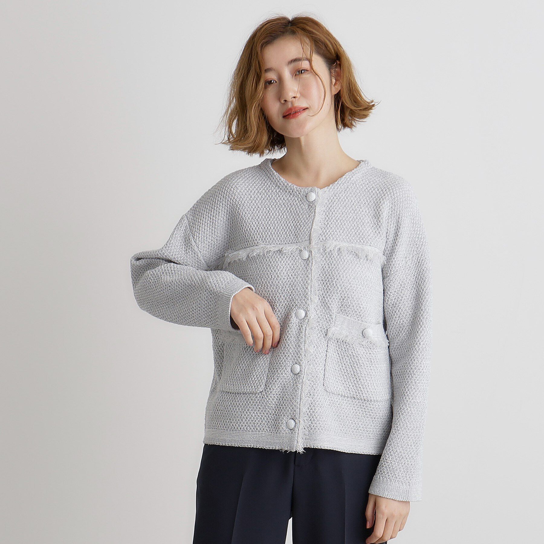 grove「ツイードニットジャケット」|ノーカラージャケット|