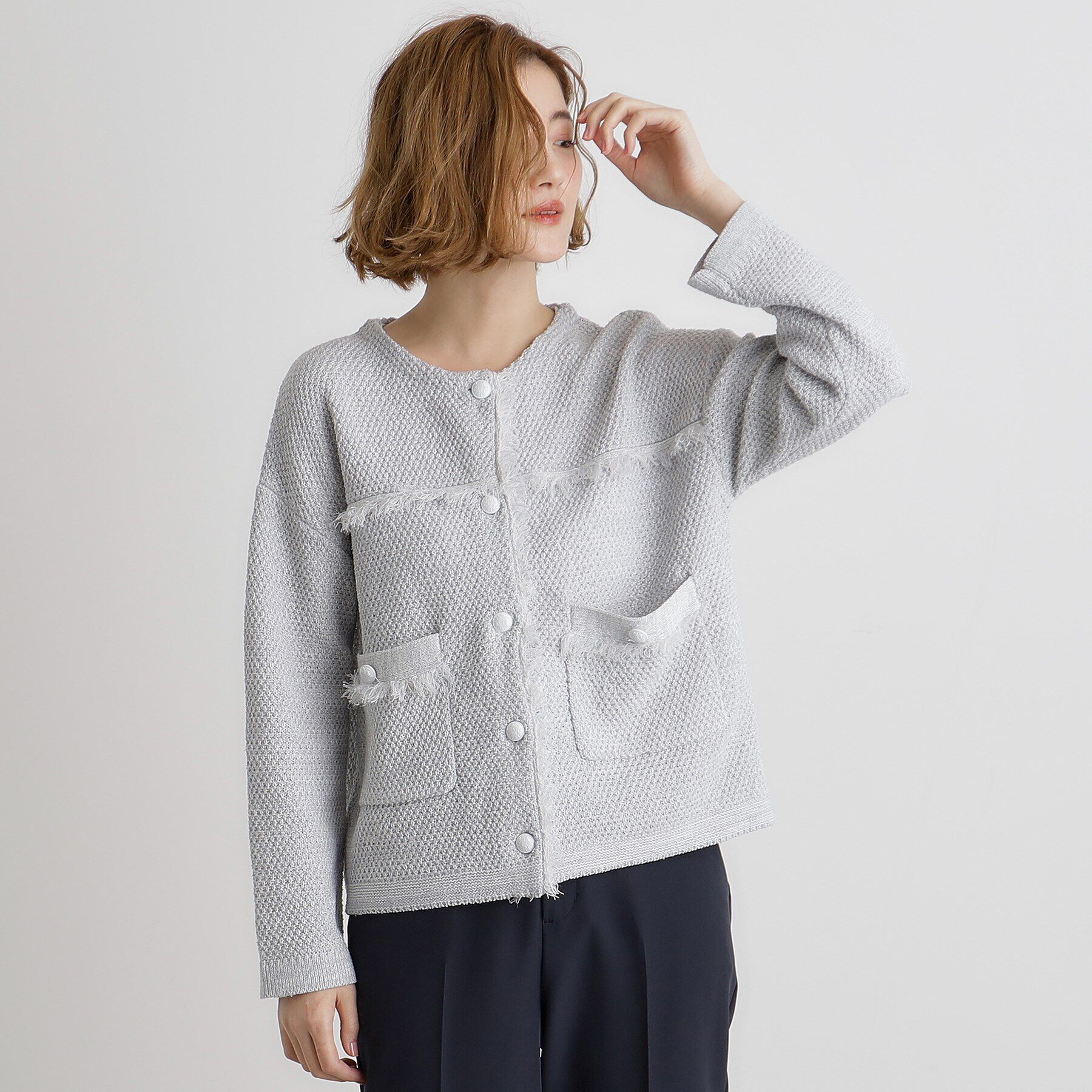 grove「ツイードニットジャケット」|ノーカラージャケット|