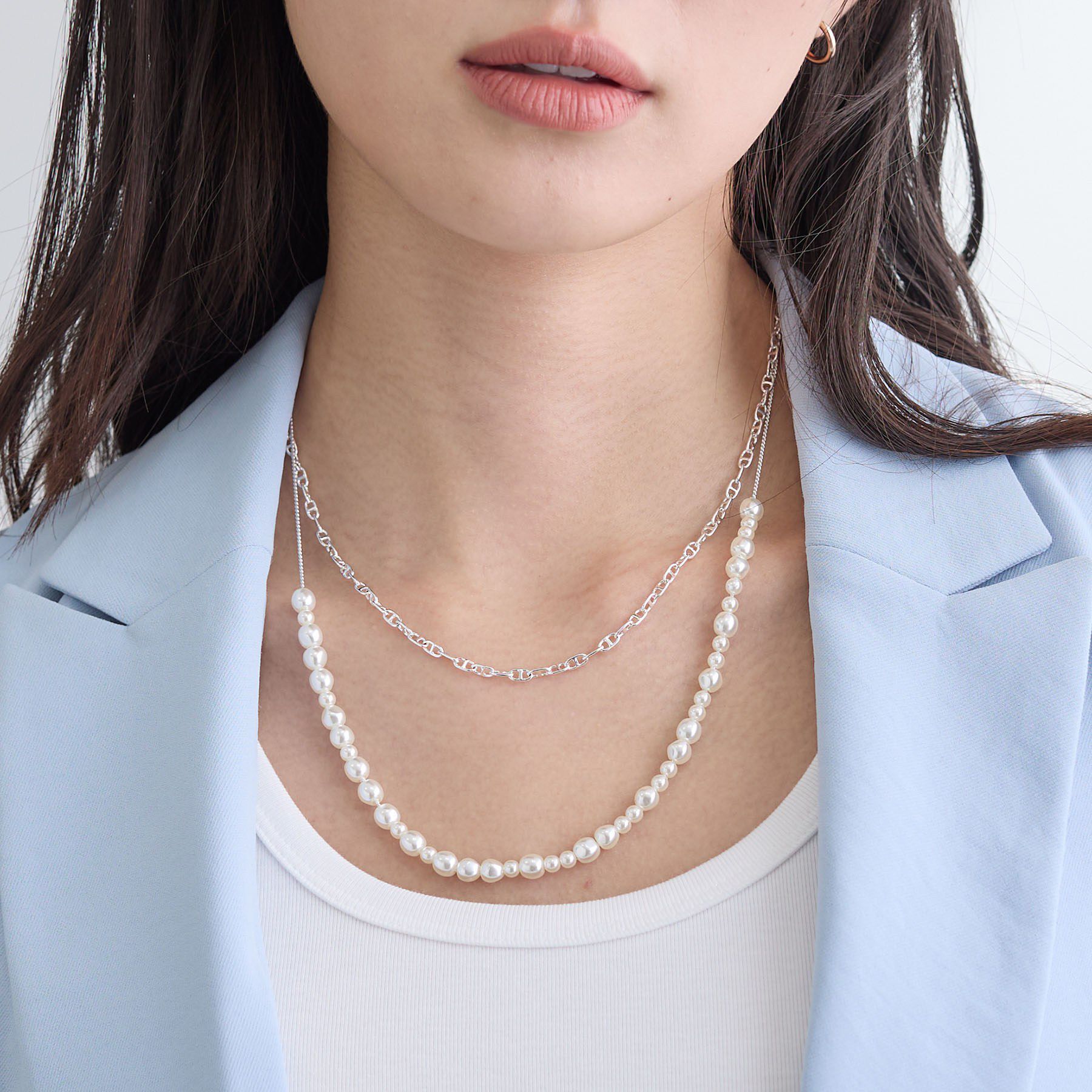 INDIVI「【2WAY／2連セット】パール調＆チェーンミックスネックレス」|ネックレス|