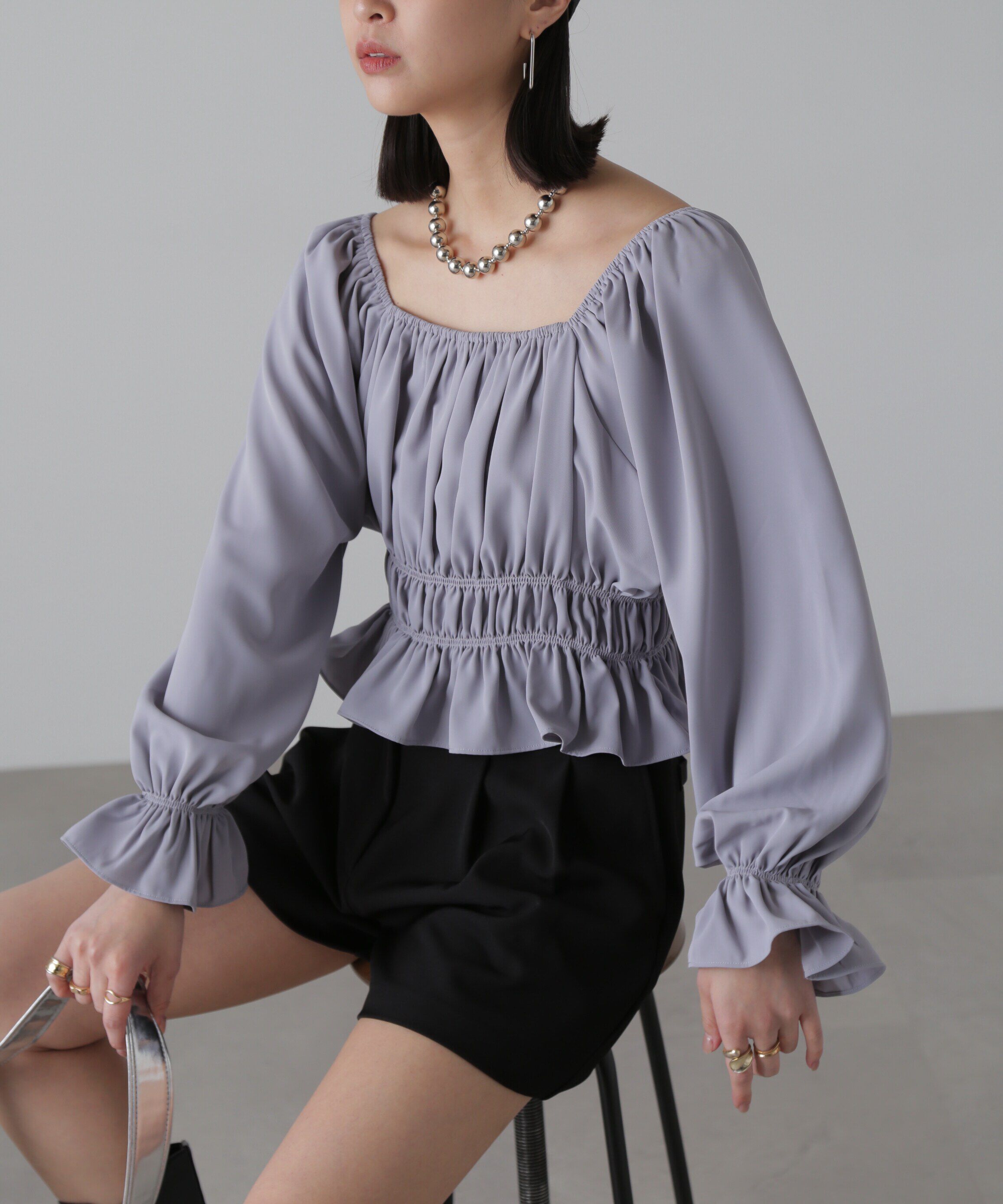  「スクエアネックシャーリングブラウス」|シャツ・ブラウス|ブルー