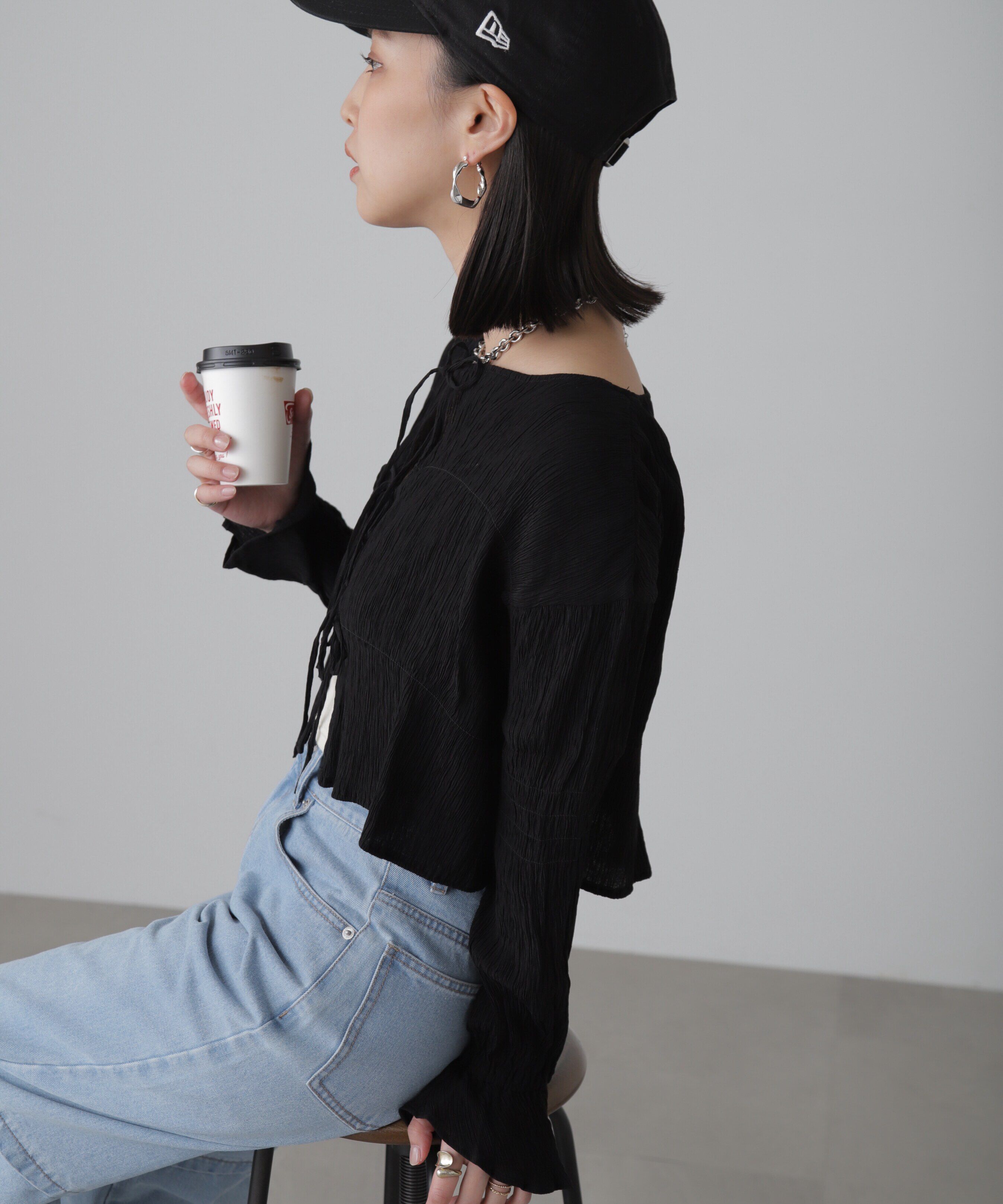  「シアーギャザー前開き短丈ブラウス」|シャツ・ブラウス|