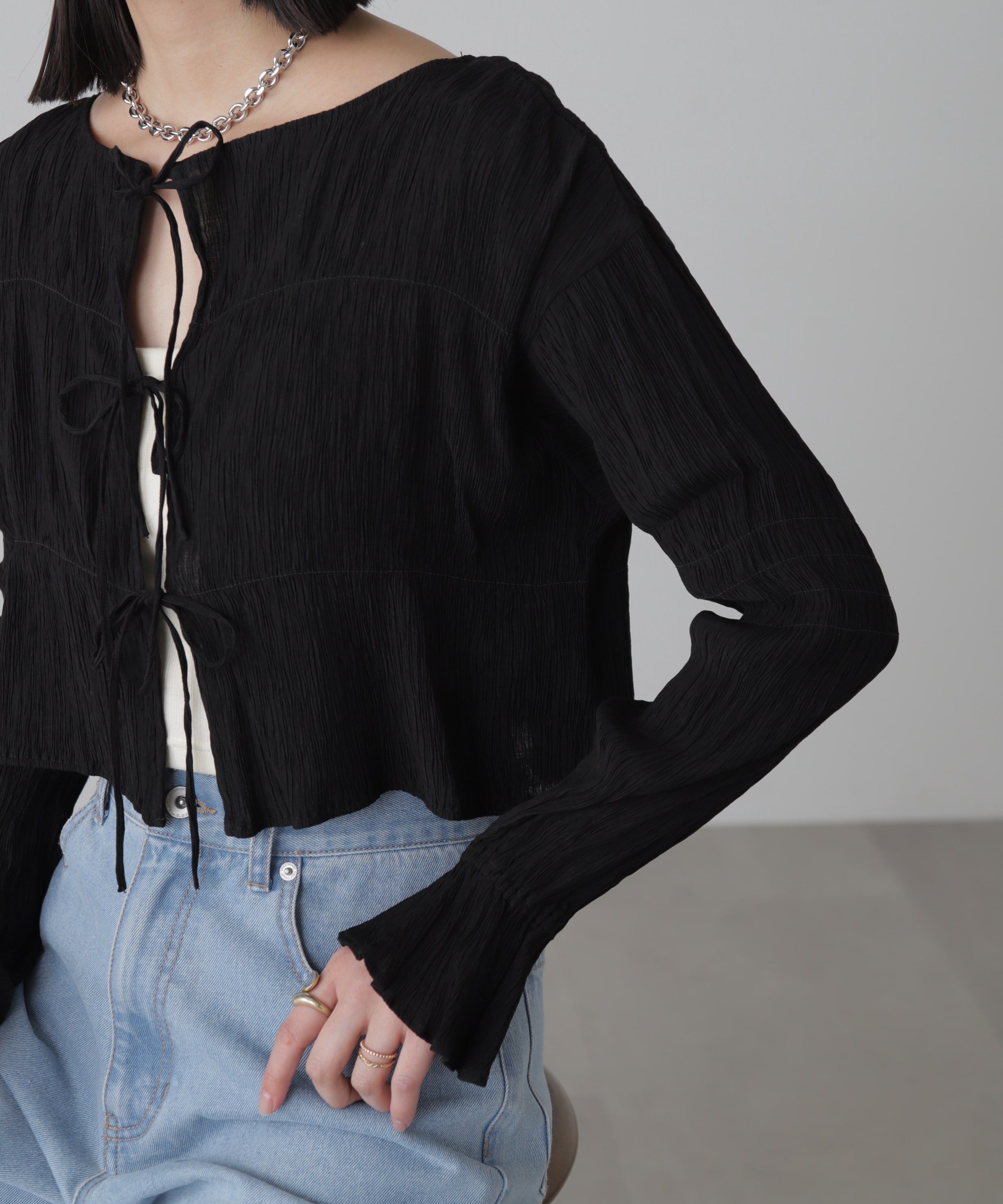  「シアーギャザー前開き短丈ブラウス」|シャツ・ブラウス|