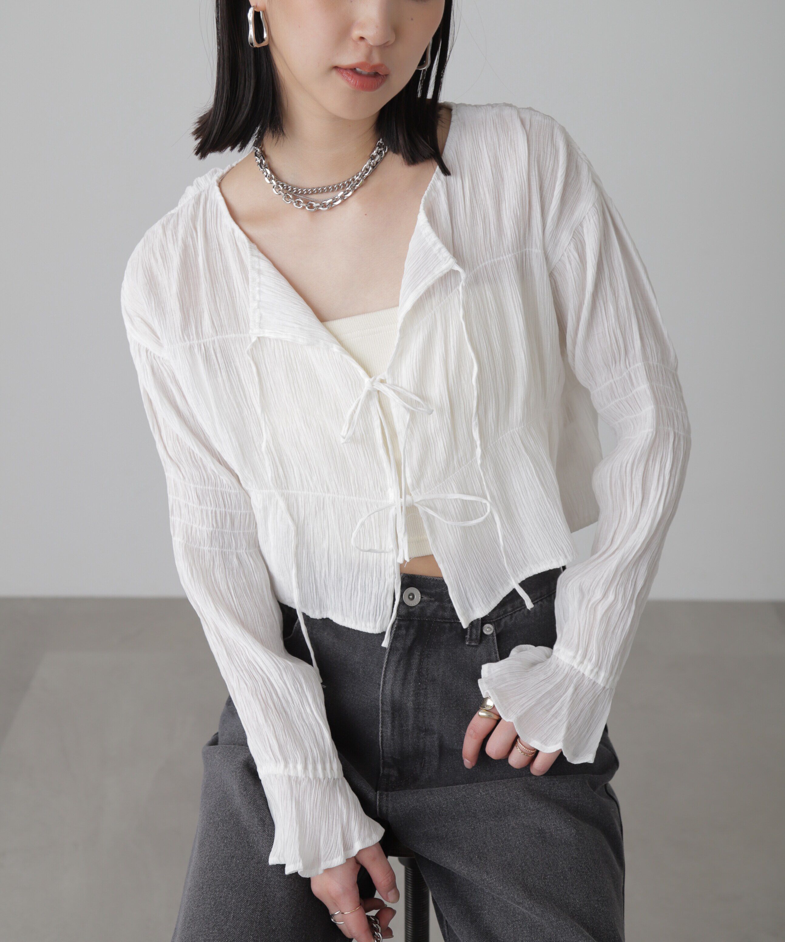  「シアーギャザー前開き短丈ブラウス」|シャツ・ブラウス|オフ