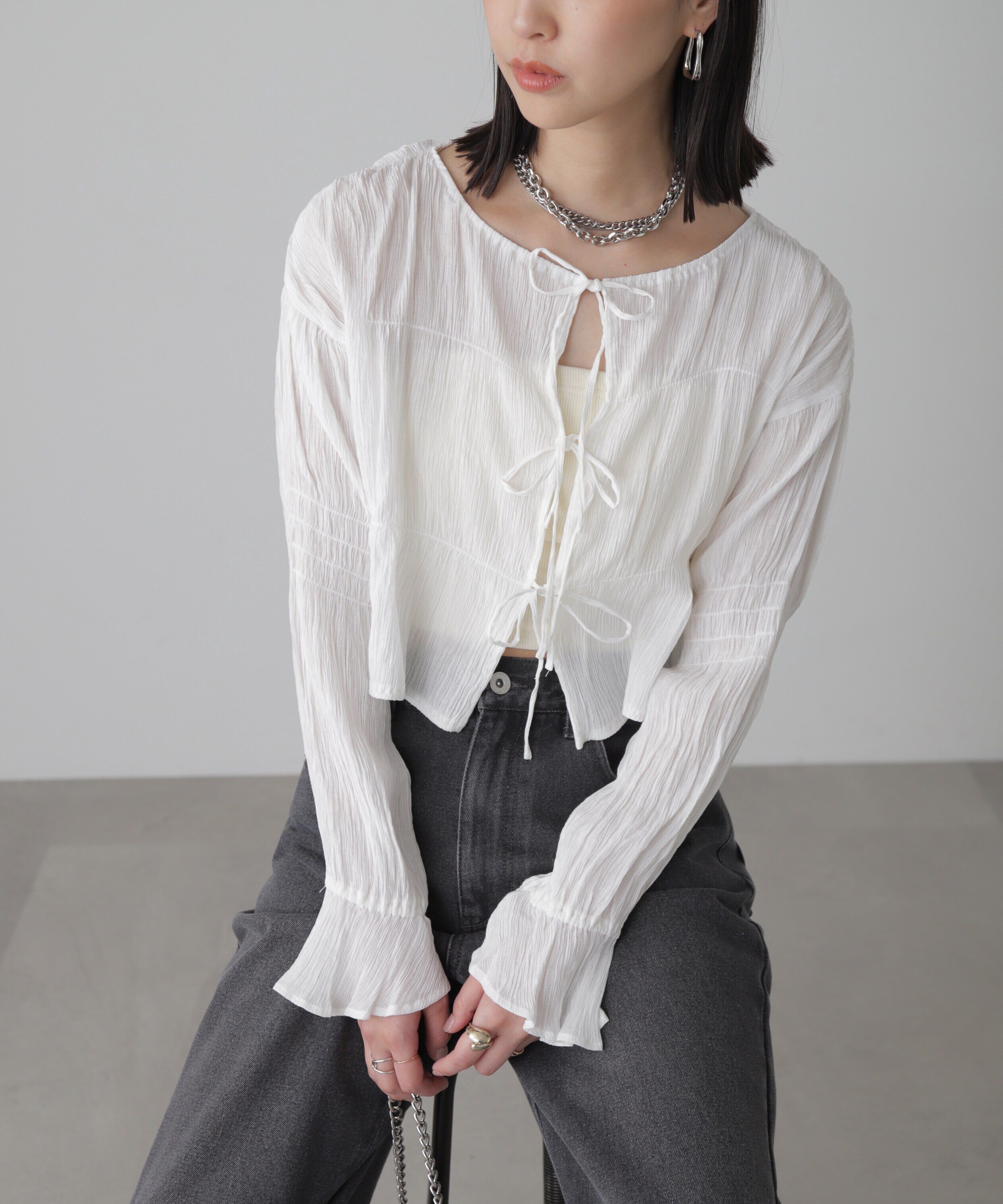  「シアーギャザー前開き短丈ブラウス」|シャツ・ブラウス|