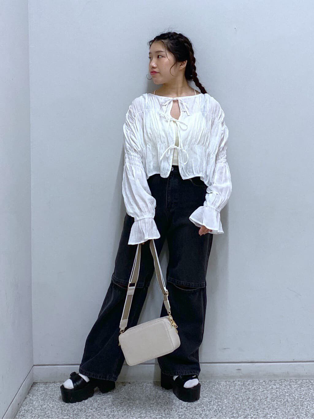  「シアーギャザー前開き短丈ブラウス」|シャツ・ブラウス|