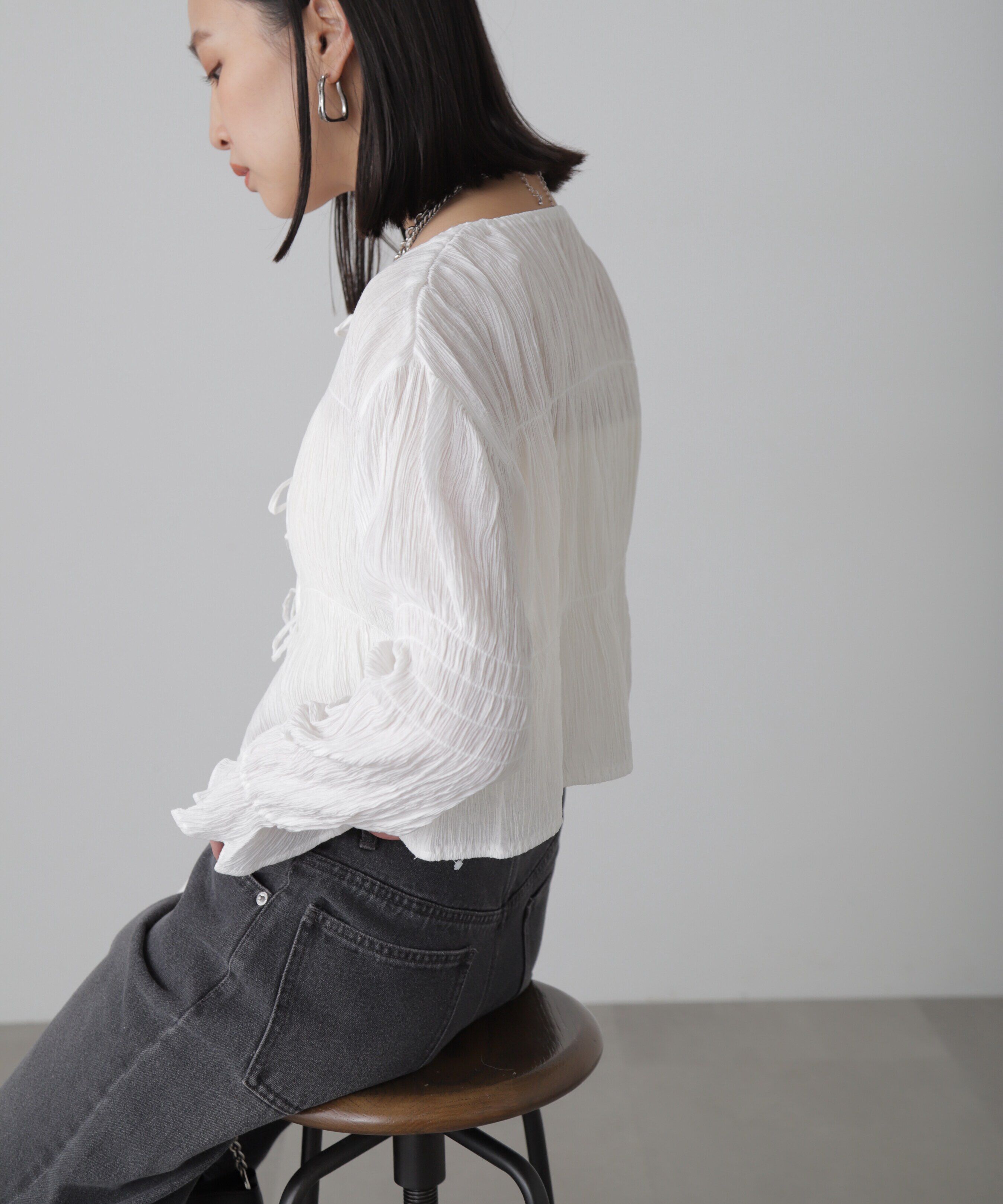  「シアーギャザー前開き短丈ブラウス」|シャツ・ブラウス|