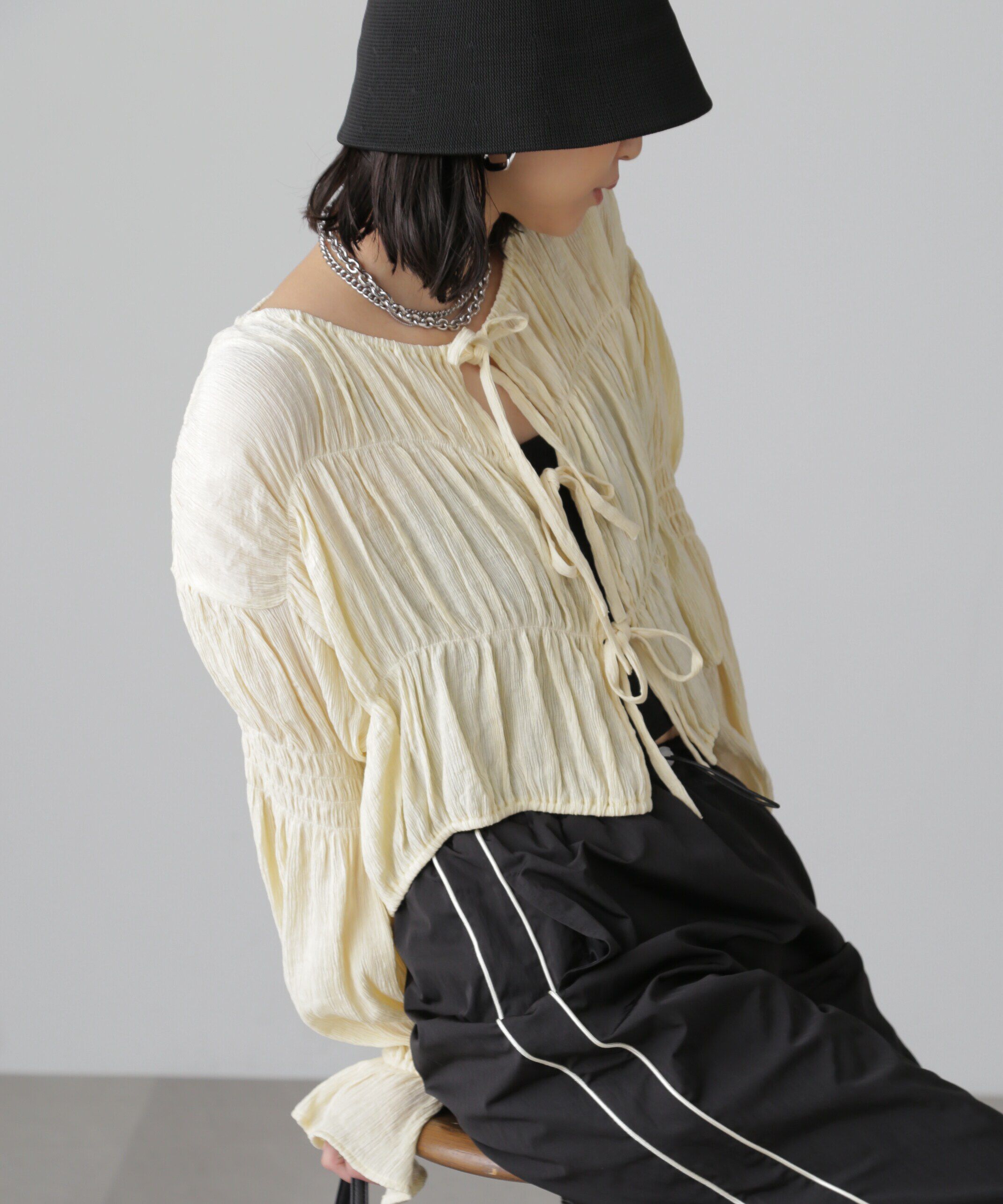  「シアーギャザー前開き短丈ブラウス」|シャツ・ブラウス|