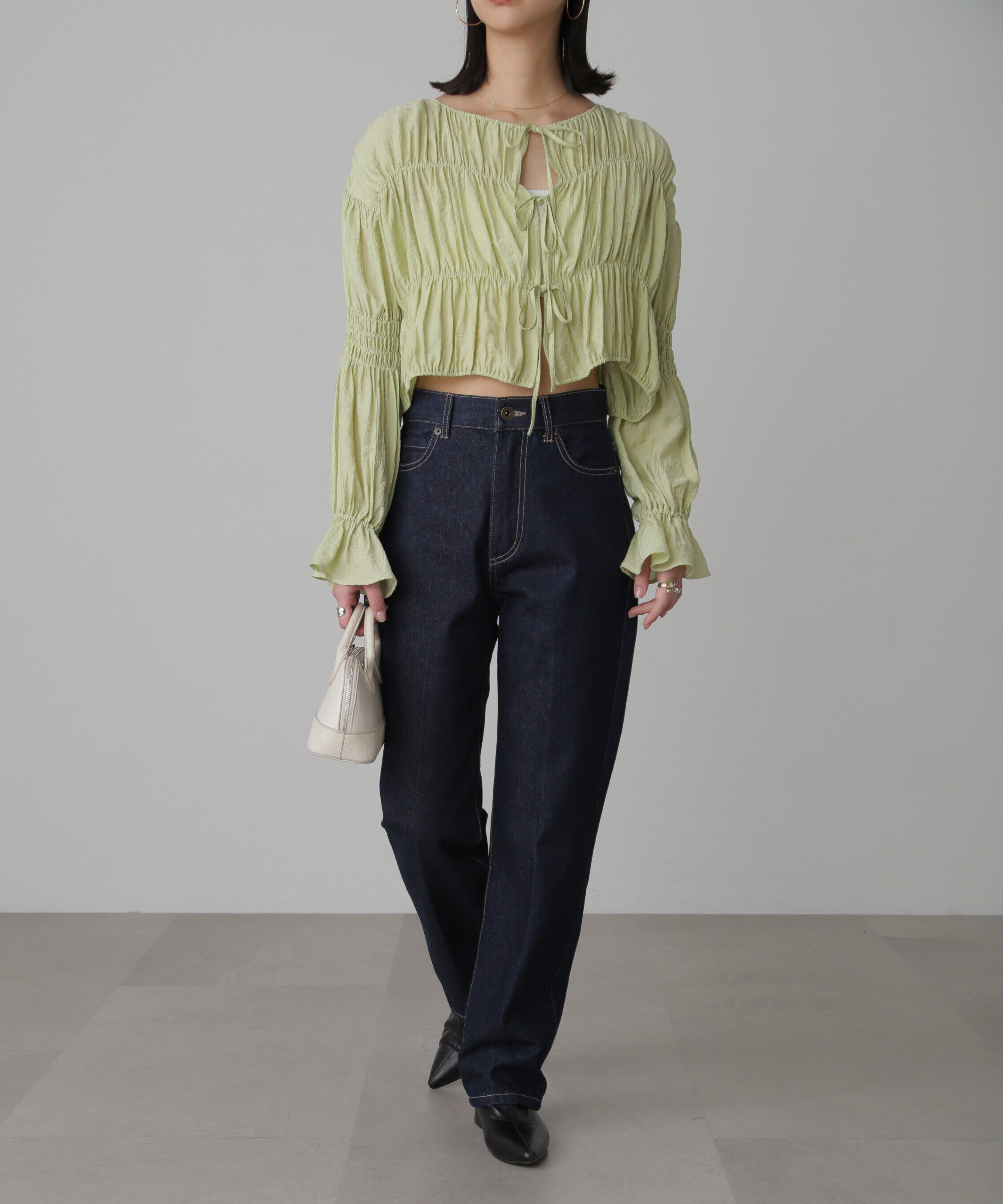  「シアーギャザー前開き短丈ブラウス」|シャツ・ブラウス|