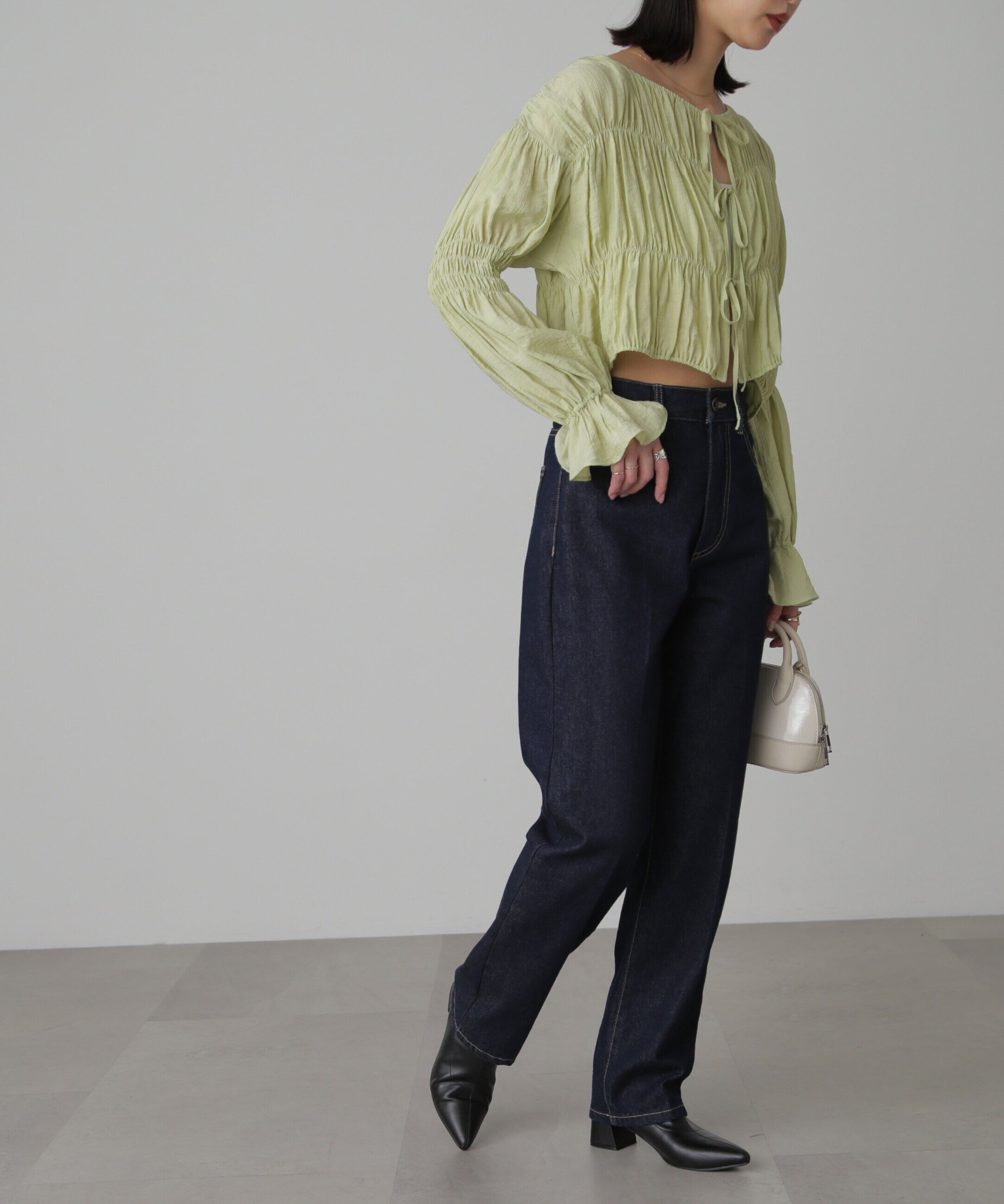  「シアーギャザー前開き短丈ブラウス」|シャツ・ブラウス|