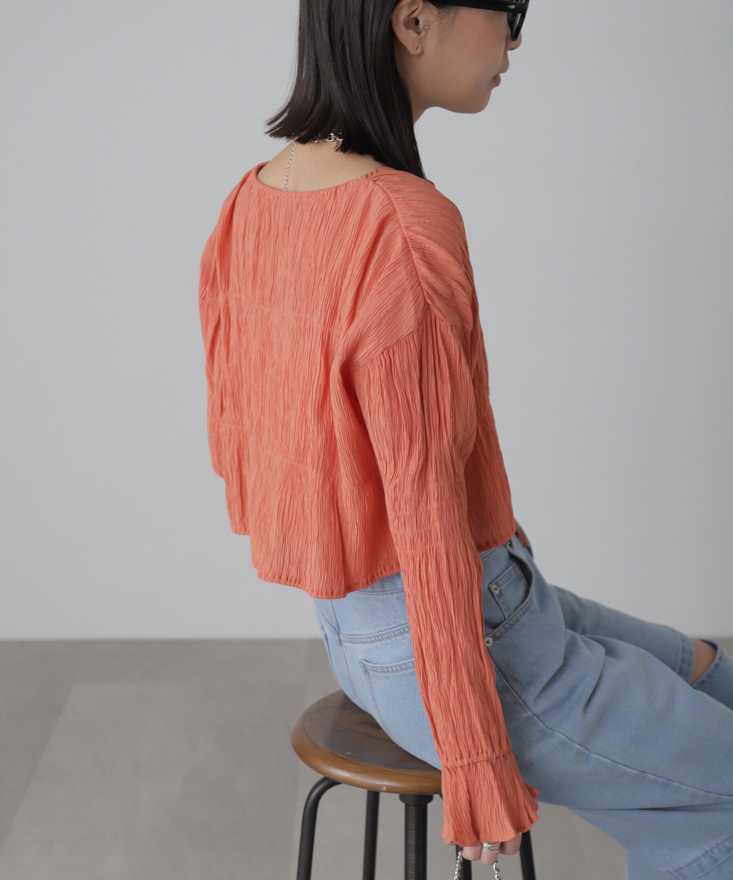  「シアーギャザー前開き短丈ブラウス」|シャツ・ブラウス|